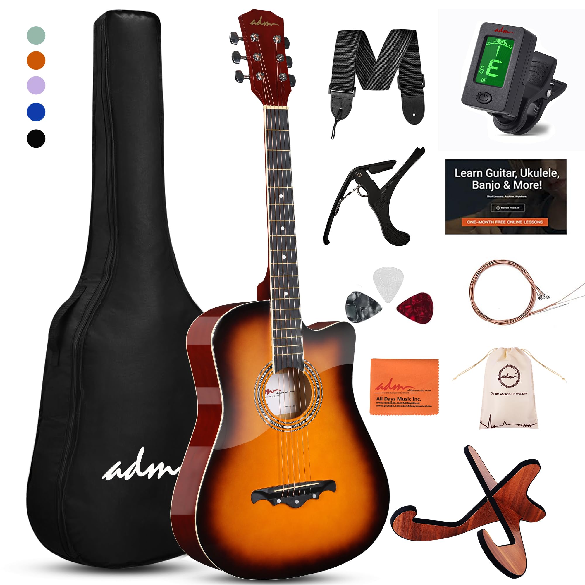 ADM 38-Inch Cutaway Acoustic Guitar Starter Kit for Beginners & Adults - Sunburst Wood Guitar with Gig Bag, Strap, Strings, Picks, Capo & Stand - Includes Free Online Lessons - Perfect for Home Practice, Campfire Sessions & Music Classes