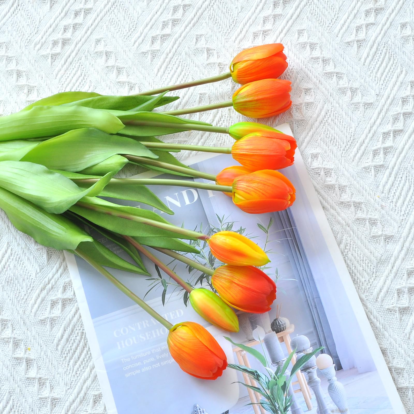 10 PCS Artificial Tulip Flowers - Real Touch Faux Silk Tulips Bouquet for Home, Office, Wedding, Party Decor - Vibrant Orange Fake Tulips for Table Arrangements, Birthday Gifts & Garden Store Decoration