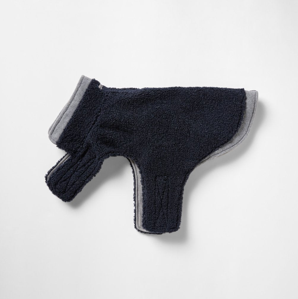 Premium Teddy Dog Coat with Double Collar & Hem - Navy/Grey - Soft & Warm Winter Jacket for Small to Medium Dogs - Perfect for Outdoor Walks & Cold Weather Protection