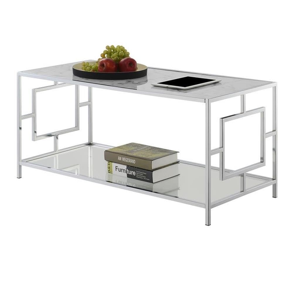 Modern Chrome Glass Coffee Table with White Faux Marble Top - Stylish Living Room Center Table for Home Decor & Small Space Furniture