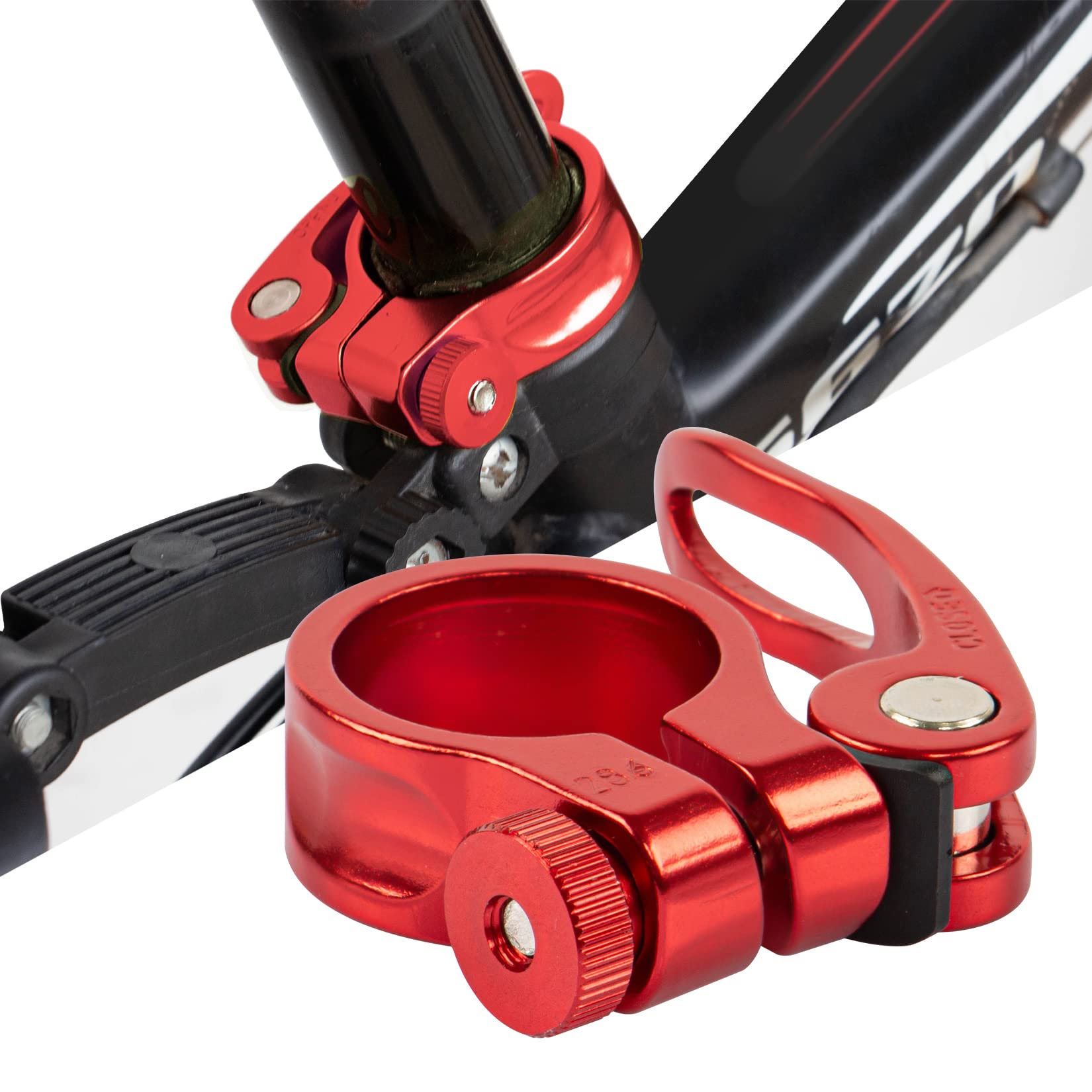 PSLER 28.6mm Bike Seat Post Clamp Quick Release - Mountain, Road & Casual Bicycle Seatpost Clamp (Red) | Secure & Adjustable Bike Seat for MTB, Commuting & Leisure Cycling