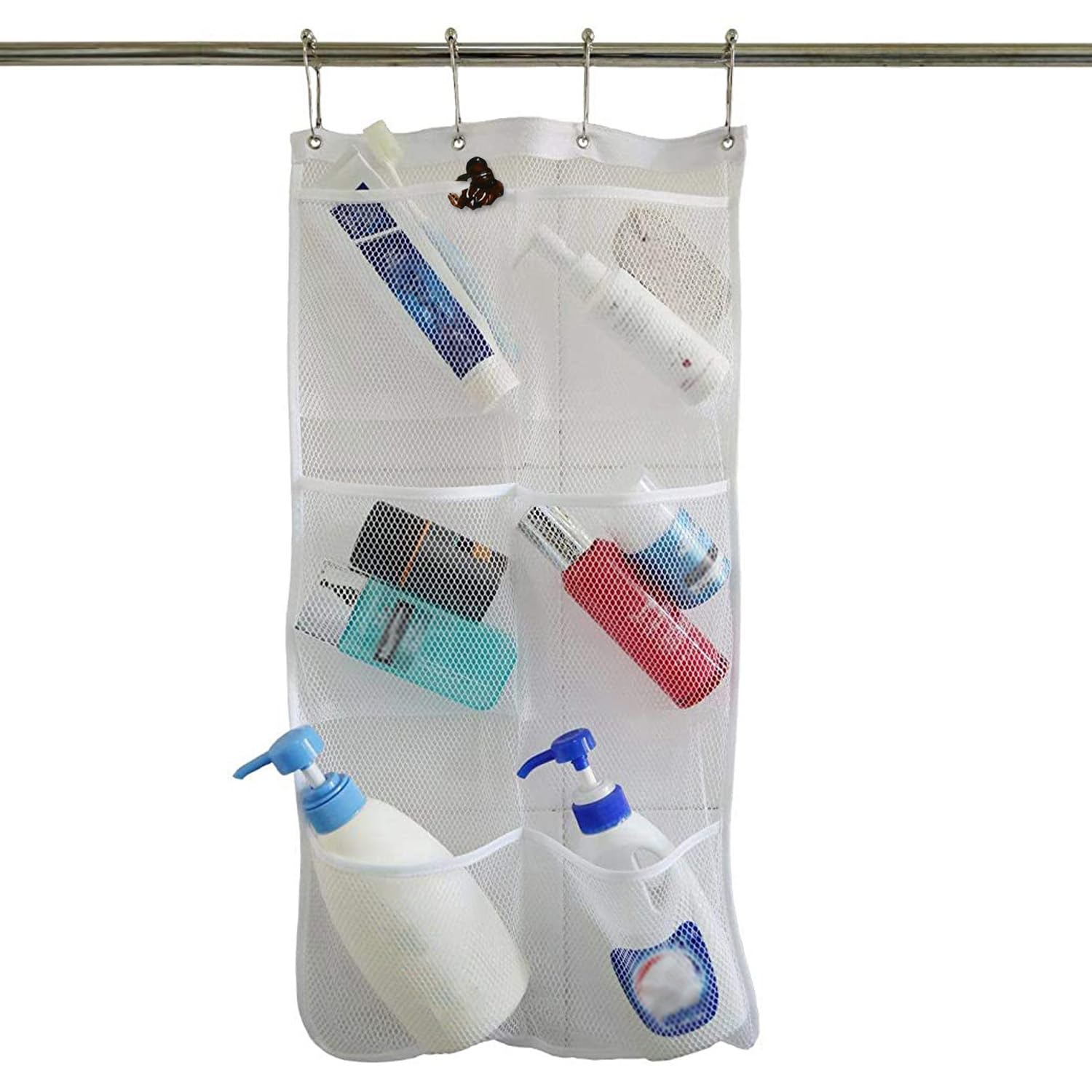 Quick Dry Mesh Shower Organizer with 6 Pockets & 4 Hooks - Hanging Bathroom Storage for Toiletries, Cosmetics, and Shower Accessories - Perfect for Small Spaces, Dorm Rooms, and Travel