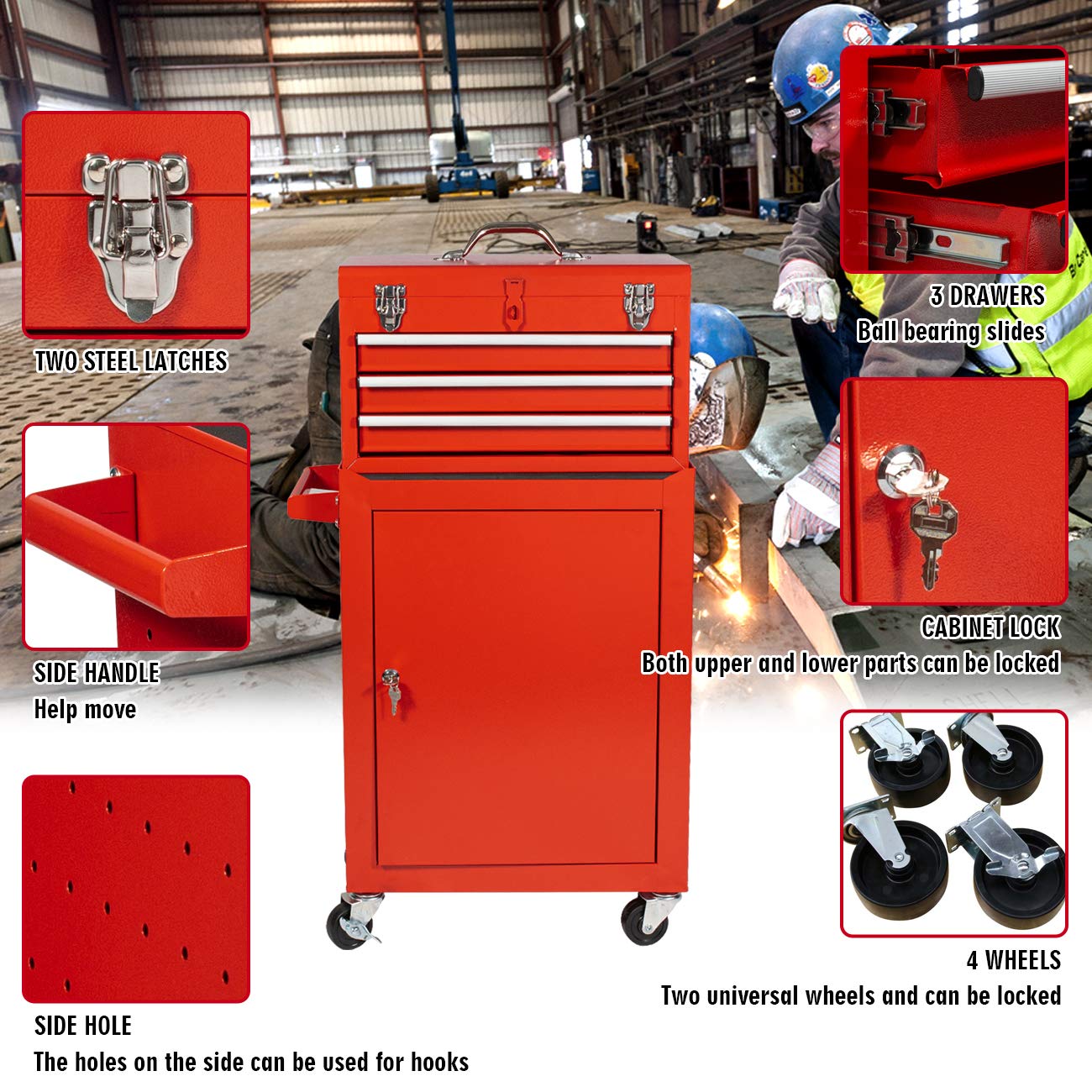 X&T 2-Piece Rolling Tool Chest Set - Heavy Duty Metal Tool Box with 4 Wheels & 3 Lockable Drawers, Portable Garage Workshop Storage Cabinet for Mechanics & DIY (Red) - Perfect for Home Garage, Auto Repair Shops & Construction Sites