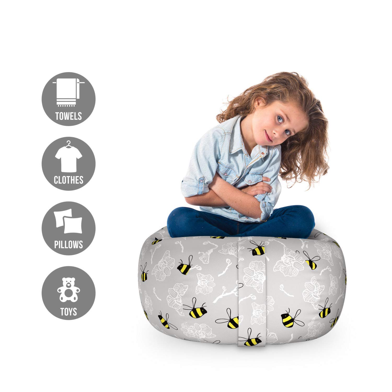 Ambesonne Entomology Storage Toy Bag Chair - Bumblebee & Orchids Print, Washable Stuffed Animal Organizer, Small Size in Yellow & Charcoal Grey - Perfect for Kids' Room, Nursery Storage & Playroom Organization