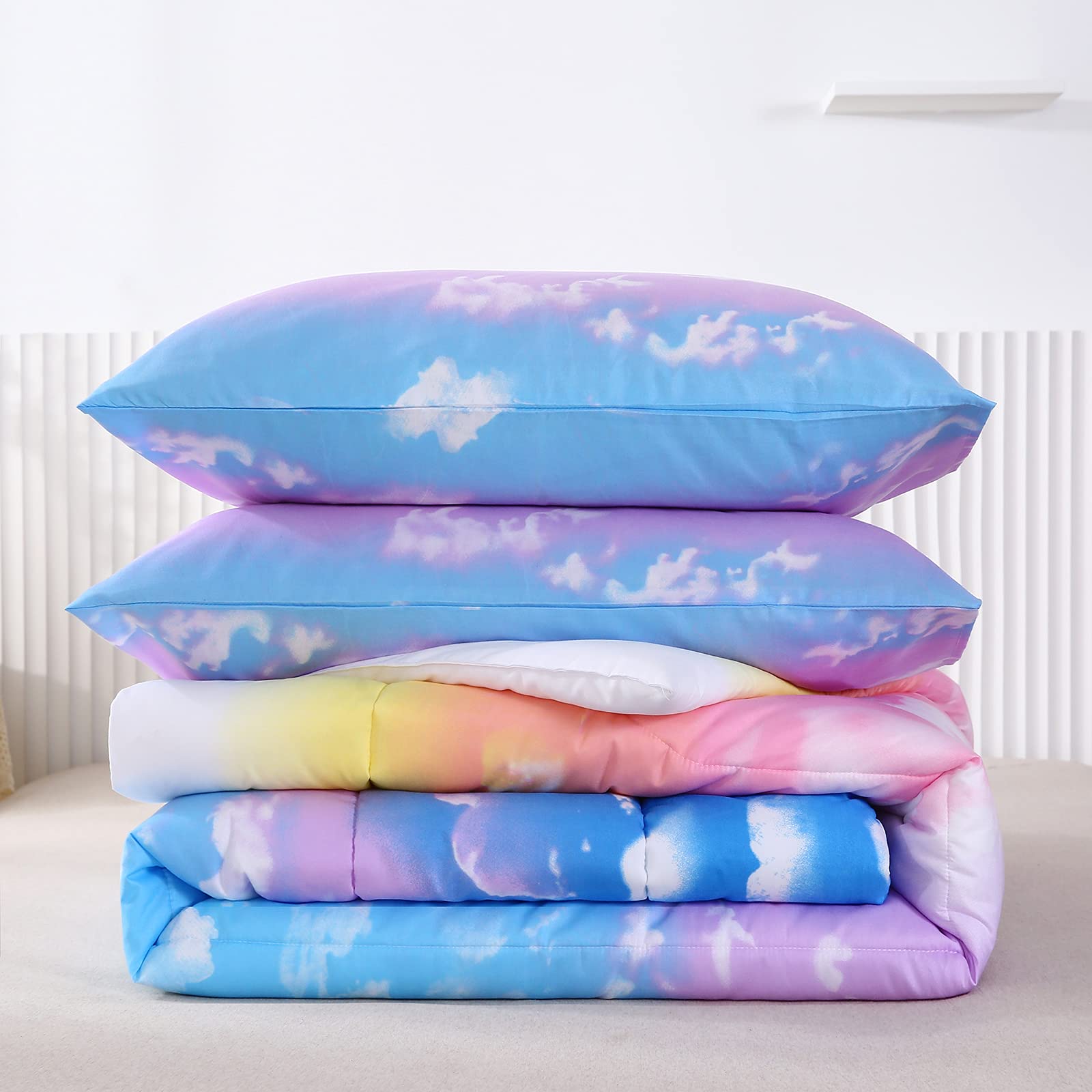 Mengersi Reversible Rainbow Comforter Set for Girls - Twin Size Pink & Sky Blue Solid Bedding - Perfect for Kids' Bedroom, Dorm Room & Sleepovers