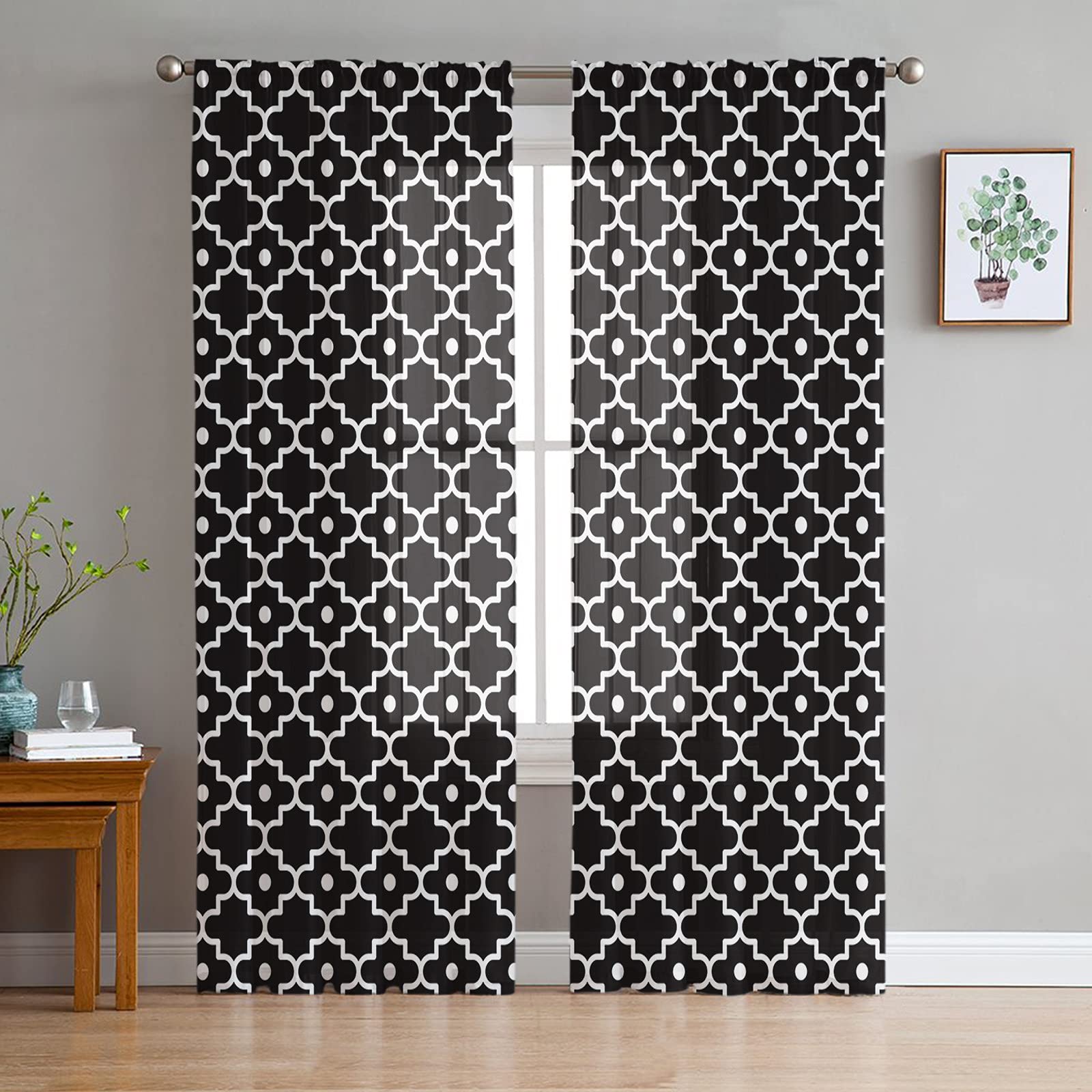 EZON-CH Sheer Voile Curtains 84 Inch Long - 2 Panels Black Moroccan Geometric Light Filtering Window Drapes with Rod Pocket for Bedroom & Living Room (52