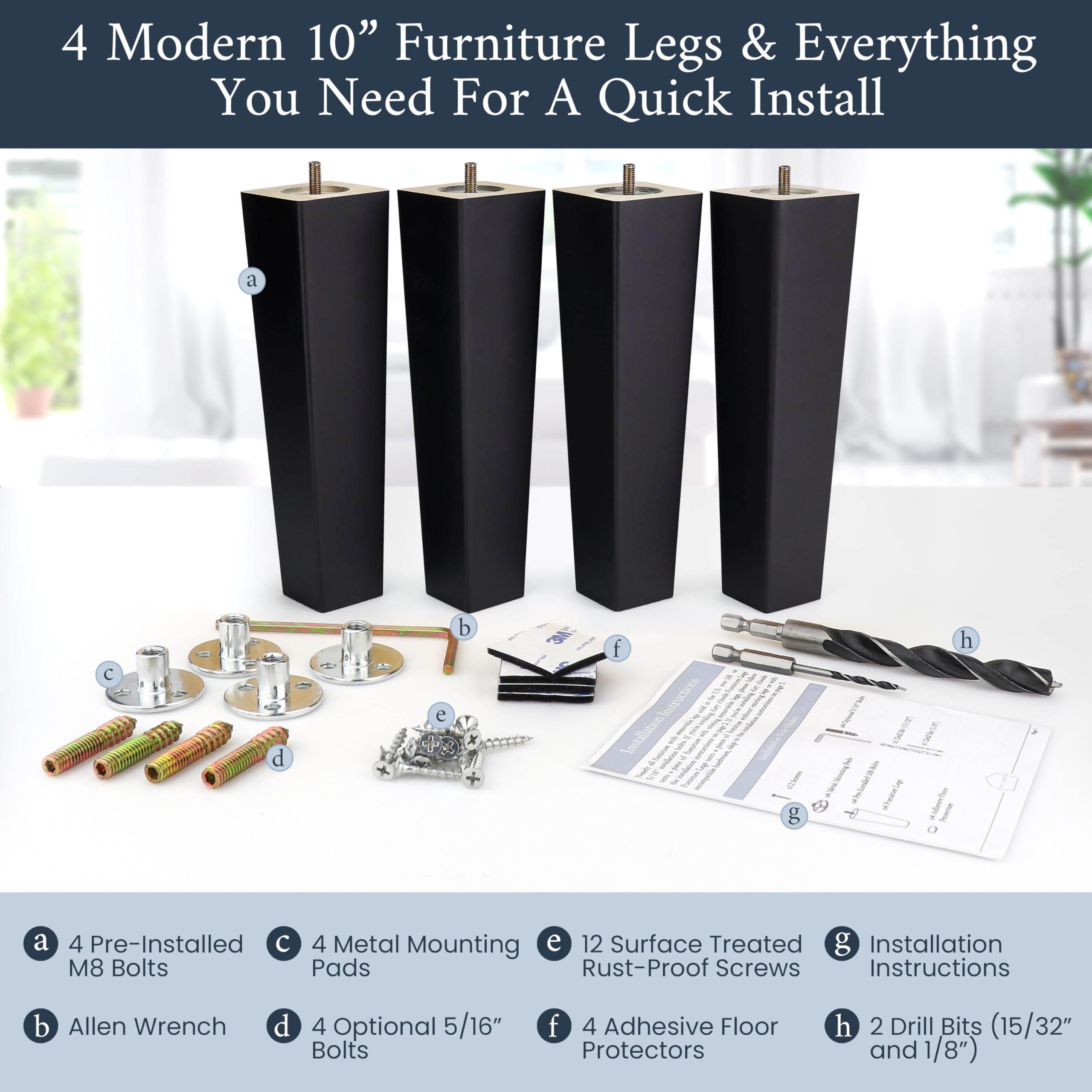 4 Pack Black Square Furniture Legs - Adjustable Height & Multiple Color Options for Sofa, Table, and Cabinet Replacement