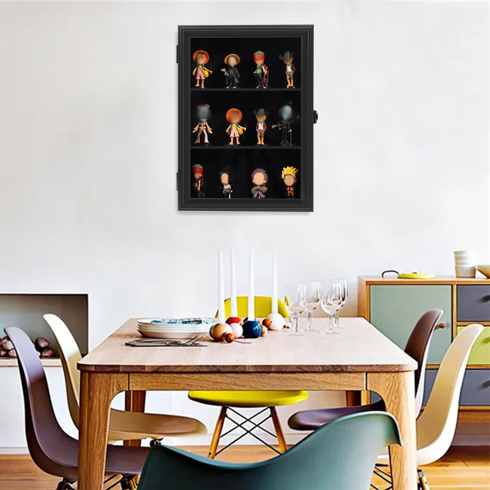 Wooden Wall Mounted Display Cabinet for Minifigures & Action Figures - Lockable Glass Door with Metal Lock for Mini Toys, Collectibles, and Stone Rocks - Perfect for Home Office, Game Room, and Collection Display (Black)
