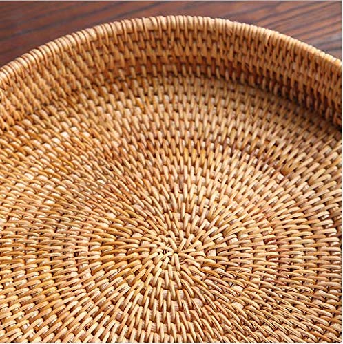 Hand Woven Rattan Round Serving Tray - 13.8 Inch Decorative Coffee Table Tray with Handles, Ottoman Wicker Basket for Fruit, Bread & Snacks - Perfect for Living Room, Kitchen & Outdoor Entertaining