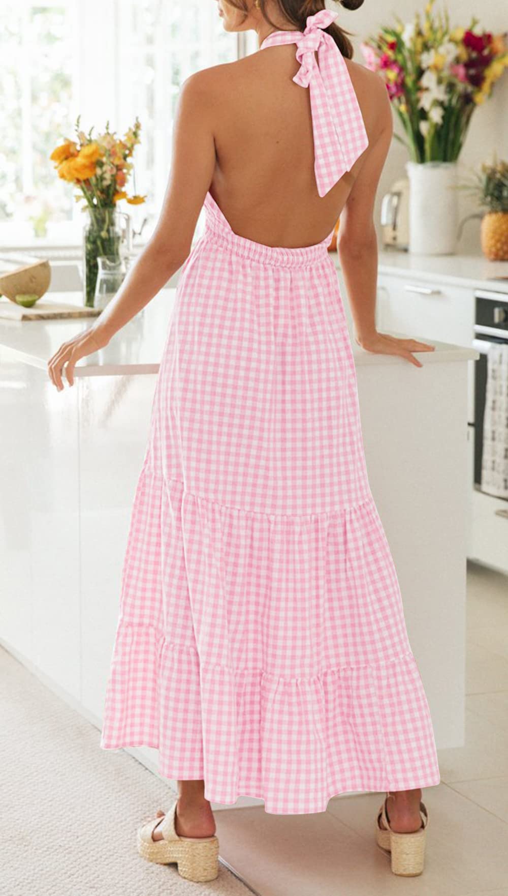 ZESICA Women's 2025 Summer Flowy A-Line Maxi Dress - Halter Neck, Sleeveless, Plaid Print with Cut Out Back Design | Perfect for Beach Vacations, Date Nights & Summer Parties