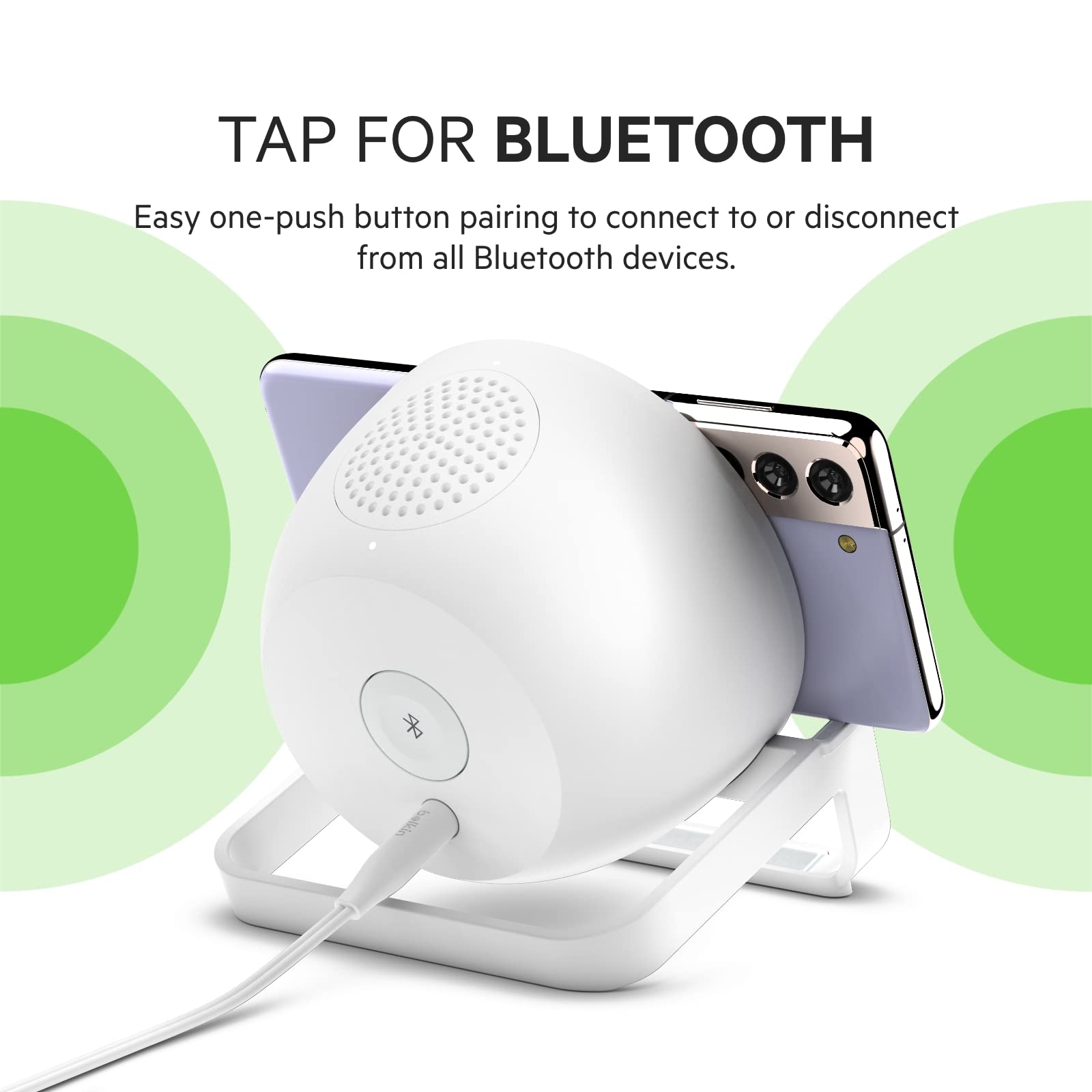 Belkin Quick Charge Wireless Charger with Bluetooth Speaker - Qi-Certified Charging Stand for iPhone 14/13/12, Samsung Galaxy S23/S22/S21 & More - Fast Wireless Charging & Premium Sound for Music, Videos & Video Calls - Perfect for Home, Office & Travel - White