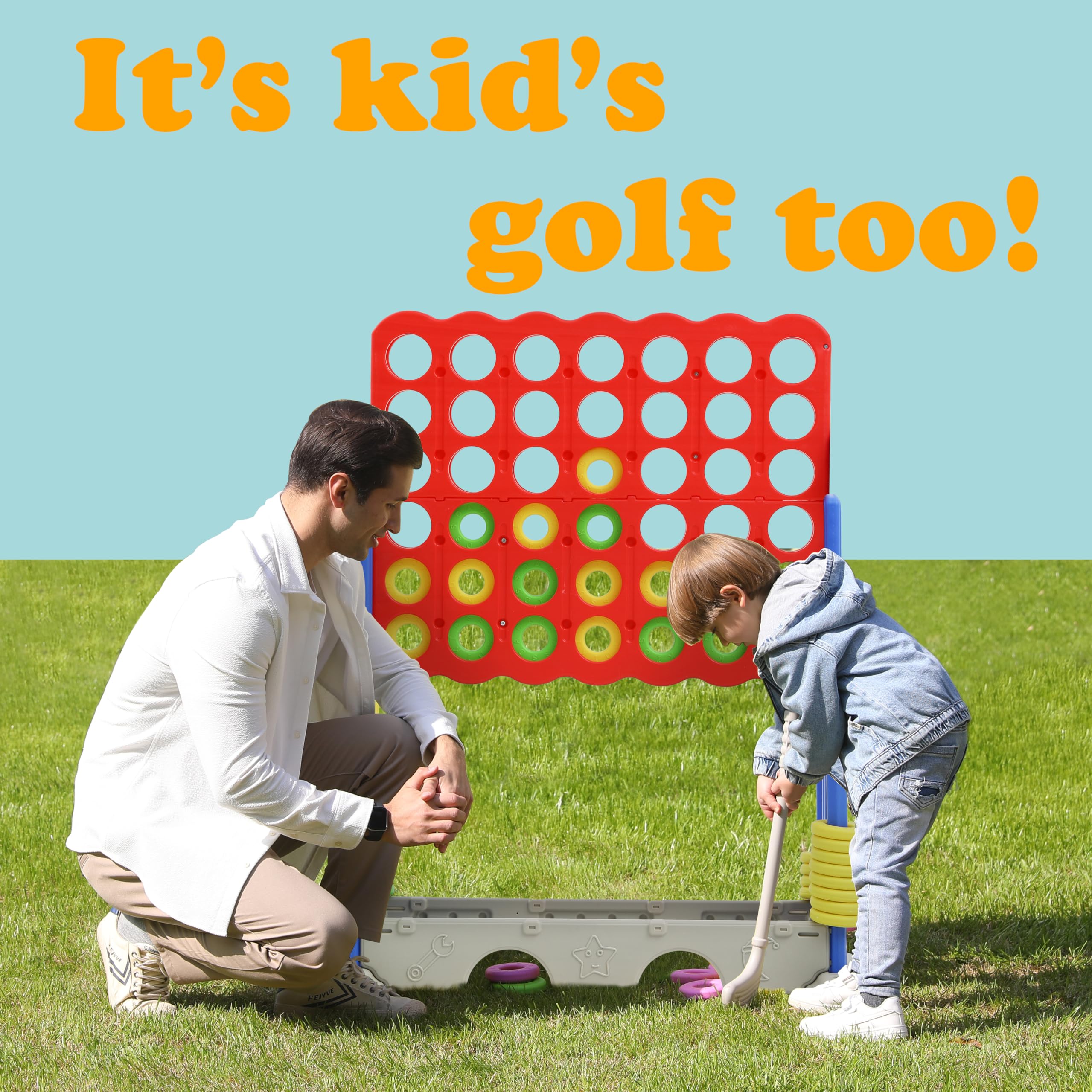 SDADI Giant 4-in-a-Row Connect Game Set - Adjustable Height 2-in-1 Jumbo Tic Tac Toe & Golf Party Game for Kids, Adults & Family - Indoor Outdoor Backyard Lawn Games with Carrying Bag (Blue) - Perfect for Birthday Parties, BBQs, Picnics & Family Game Nights
