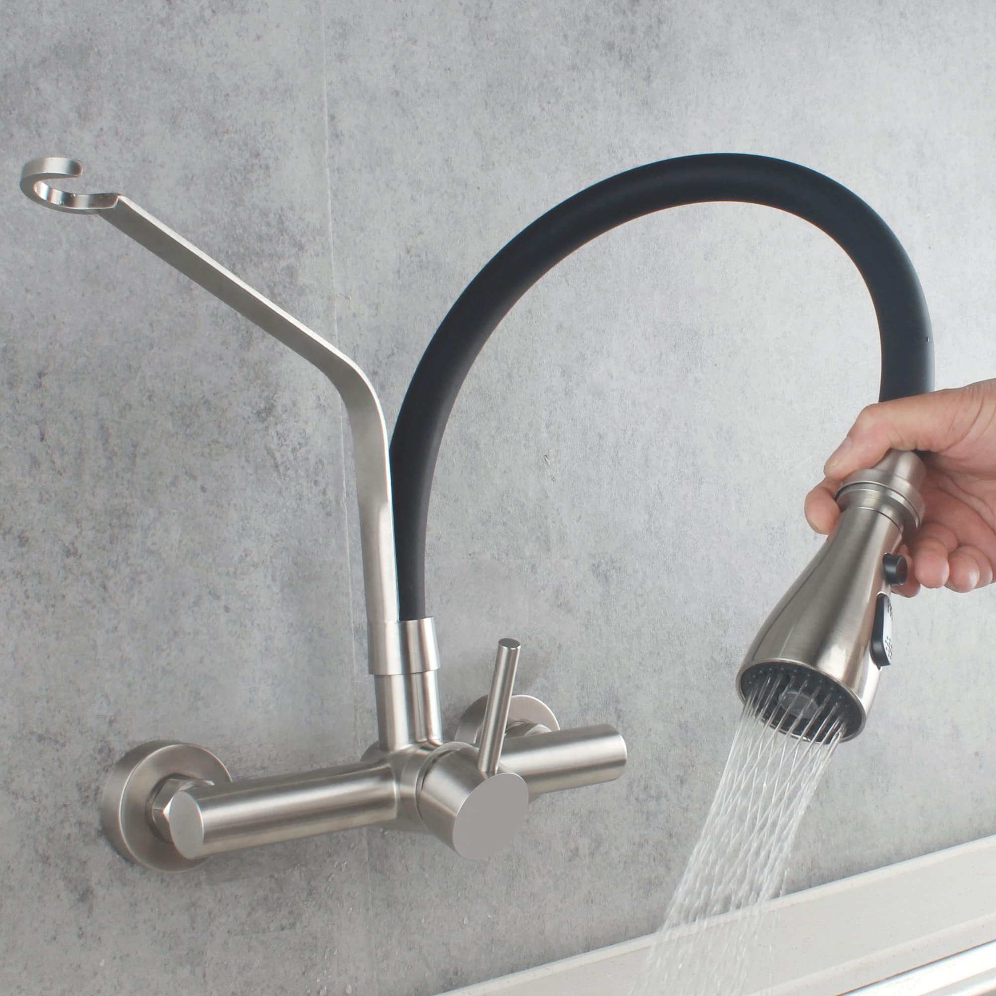 Commercial Stainless Steel Wall Mount Kitchen Faucet with Pull Down Sprayer - 8 Inch Center, 3 Functions, Lead-Free (SSKF17-2DC) - Perfect for Restaurants, Laundry Rooms & Utility Sinks
