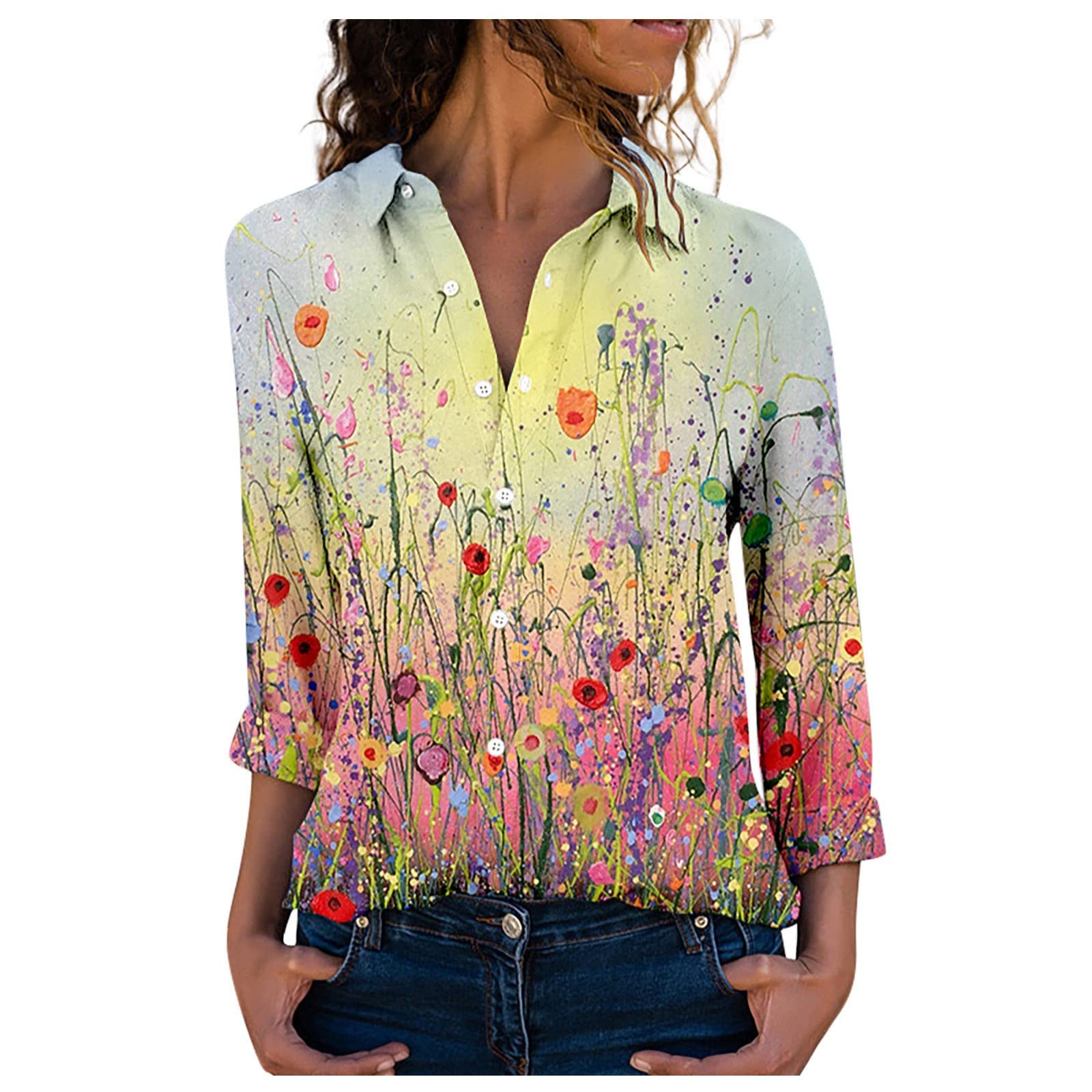 Women's Fall Blouses - Casual Tie Dye Tunic Tops with Single Breasted Lapel Collar | Comfortable Polyester Shirts for Autumn | Perfect for Office Wear, Weekend Outings & Casual Dates