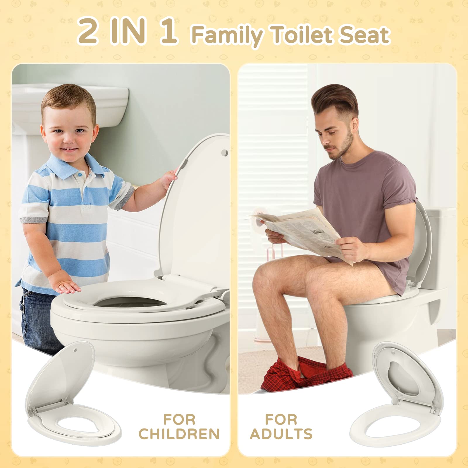 YASFEL Built-in Potty Training Toilet Seat for Toddlers, Kids & Adults - Slow Close Elongated Plastic Toilet Seat with Magnets (Biscuit, 18.5