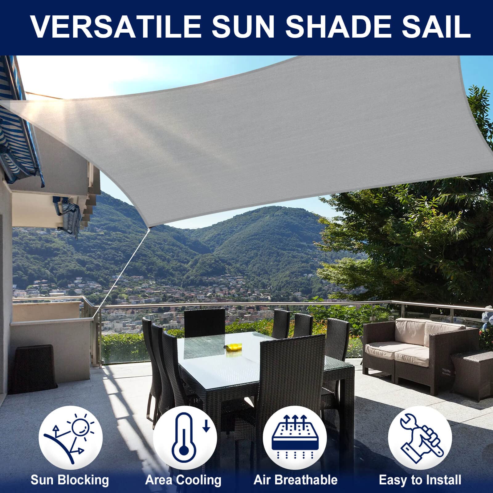 PureFit 12x16 ft Rectangle Sun Shade Sail - UV Block Outdoor Canopy for Patio, Backyard, Deck & Lawn | Grey Sun Protection for Outdoor Living, Poolside Relaxation & Garden Parties