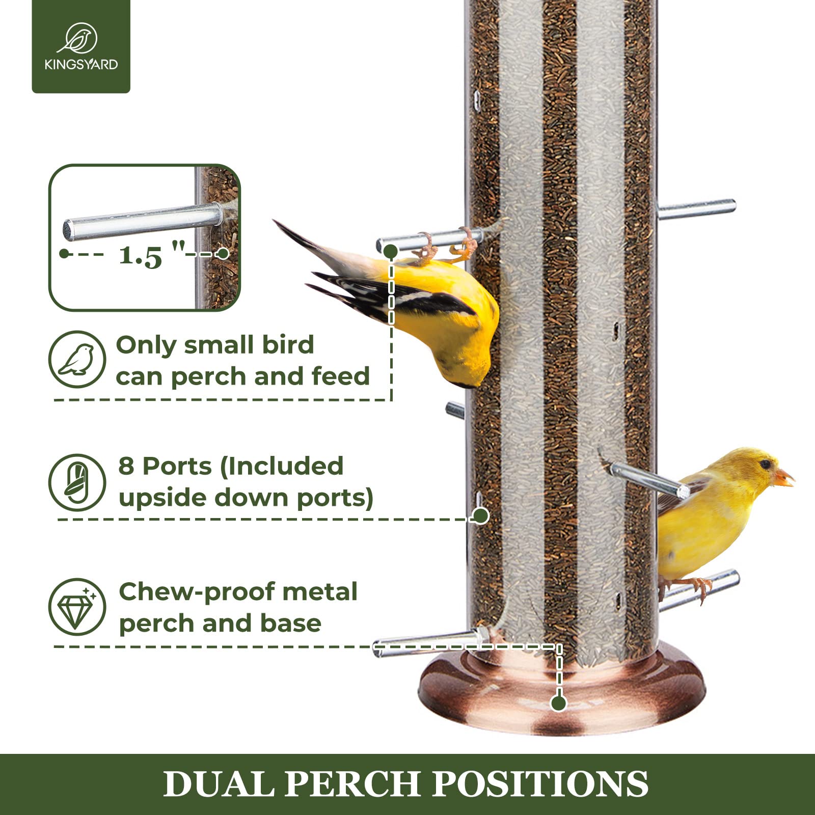 Kingsyard Metal Finch Feeder for Thistle/Nyjer Seed - 2 lbs Large Capacity Tube Bird Feeder for Outdoor Hanging - Easy to Fill & Clean - Antique Copper Finish - Perfect for Backyard Birdwatching & Attracting Wild Finches