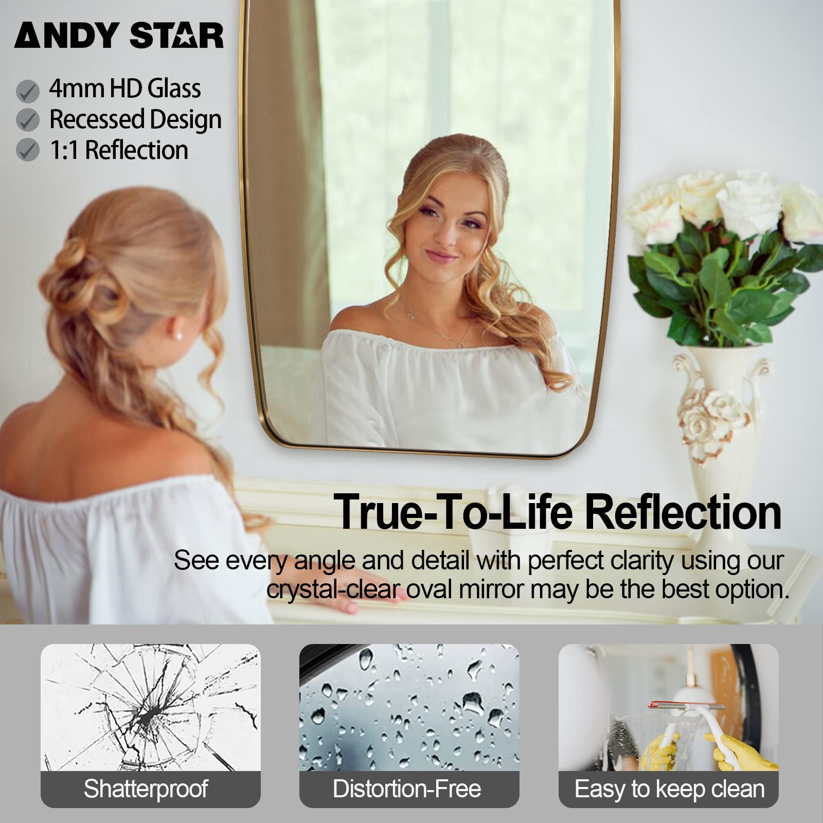 ANDY STAR 20x30 Inch Brushed Gold Bathroom Mirror - Stainless Steel Metal Frame Vanity Mirror for Over Sink, Wall Mounted Makeup Mirror (Perfect for Bathroom, Bedroom & Dressing Room)