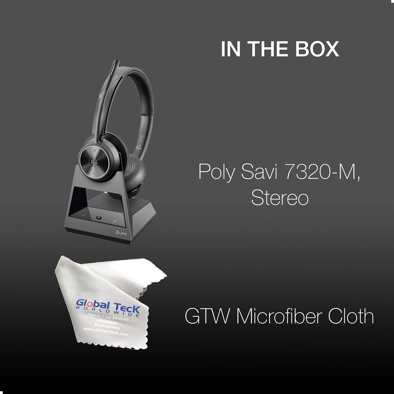 Poly Savi 7320 Wireless Stereo Office Headset with Noise-Canceling Mic - 13H Talk Time, Teams Certified, Enhanced Security | Compatible with Laptop, Mac & Desk Phones | Includes GTW Microfiber Cloth | Perfect for Remote Work, Call Centers & Video Conferencing