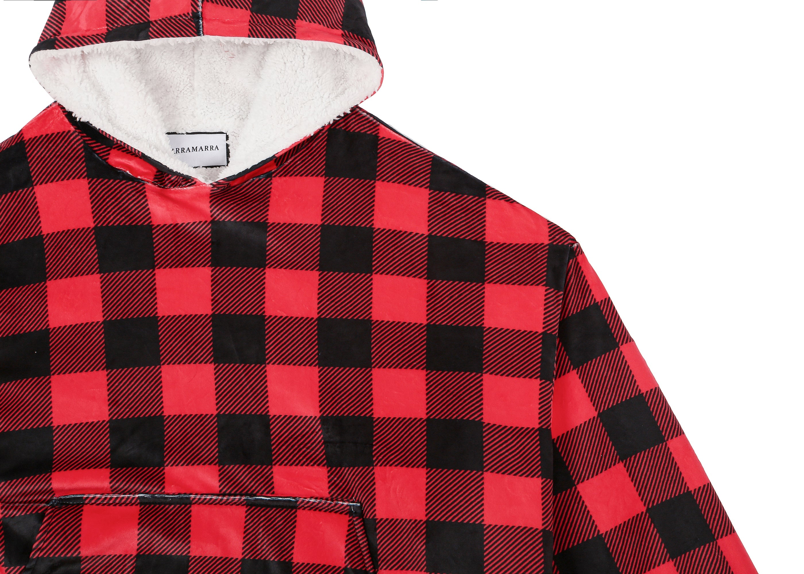 TARRAMARRA® Reversible Hoodie Blanket - Unisex Black & Red Check Plaid Wearable Blanket for Men & Women - Cozy Lounge Wear for Netflix, Camping & Outdoor Activities