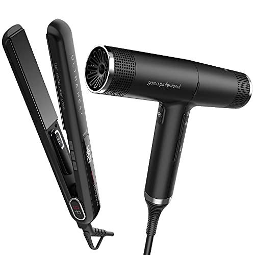 GAMA Titanium 1.2 inch Professional Flat Iron & Hair Dryer Bundle - Black | Salon Quality Hair Straightener & Blow Dryer for Smooth, Shiny Hair at Home or Salon