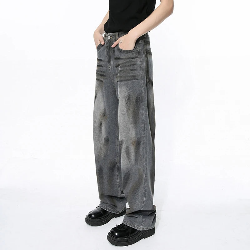 Vintage American Style Men's Denim Jeans - Distressed Washed Straight Leg Pants with Contrast Paint Design for Fall 2024 | Casual Wear, Street Style, Everyday Outfits