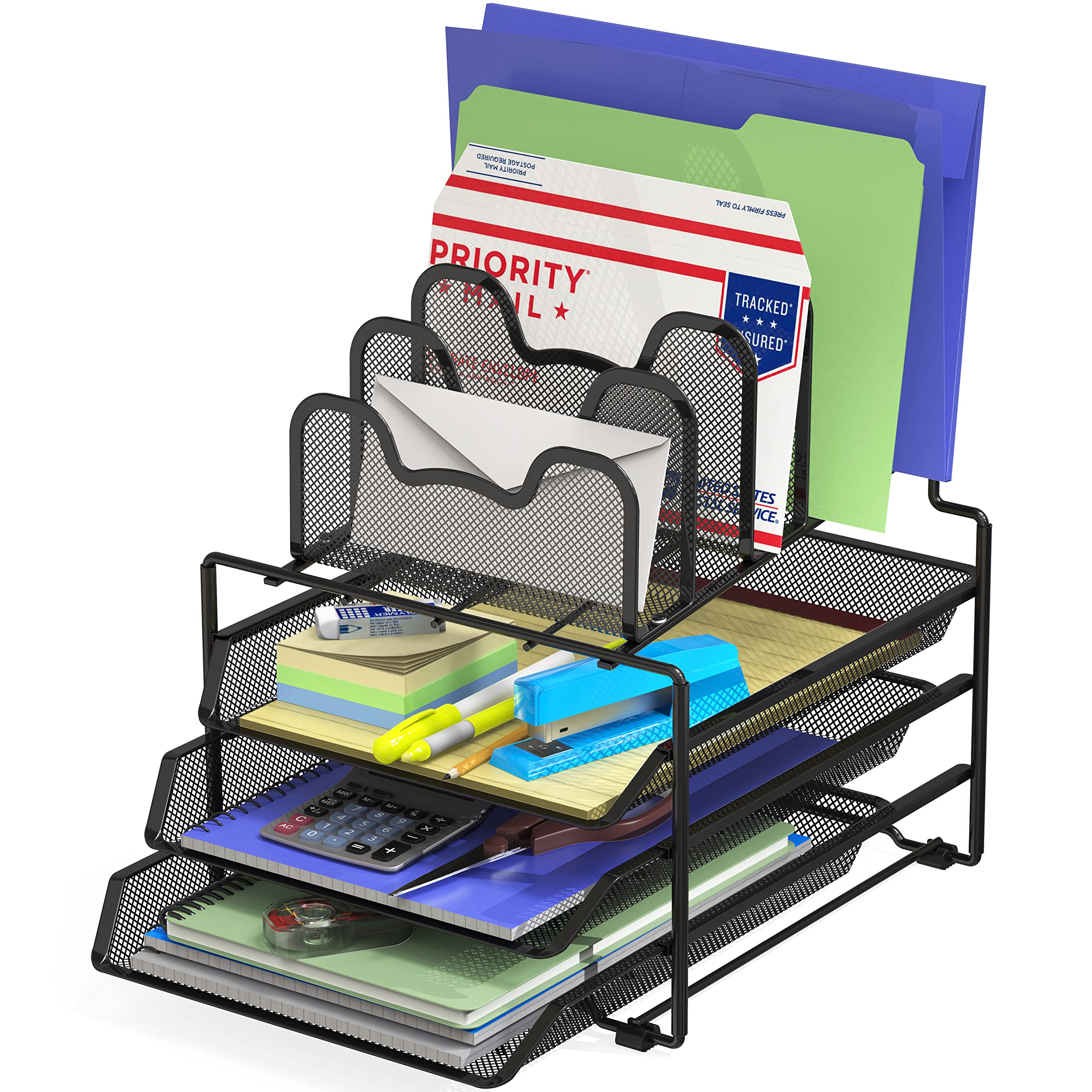 Black 3-Tier Sliding Tray & 5-Section Stackable Desk Organizer - Office Supplies for Paper Clips, Pens & Stationery - Perfect for Home Office & Workspace Organization