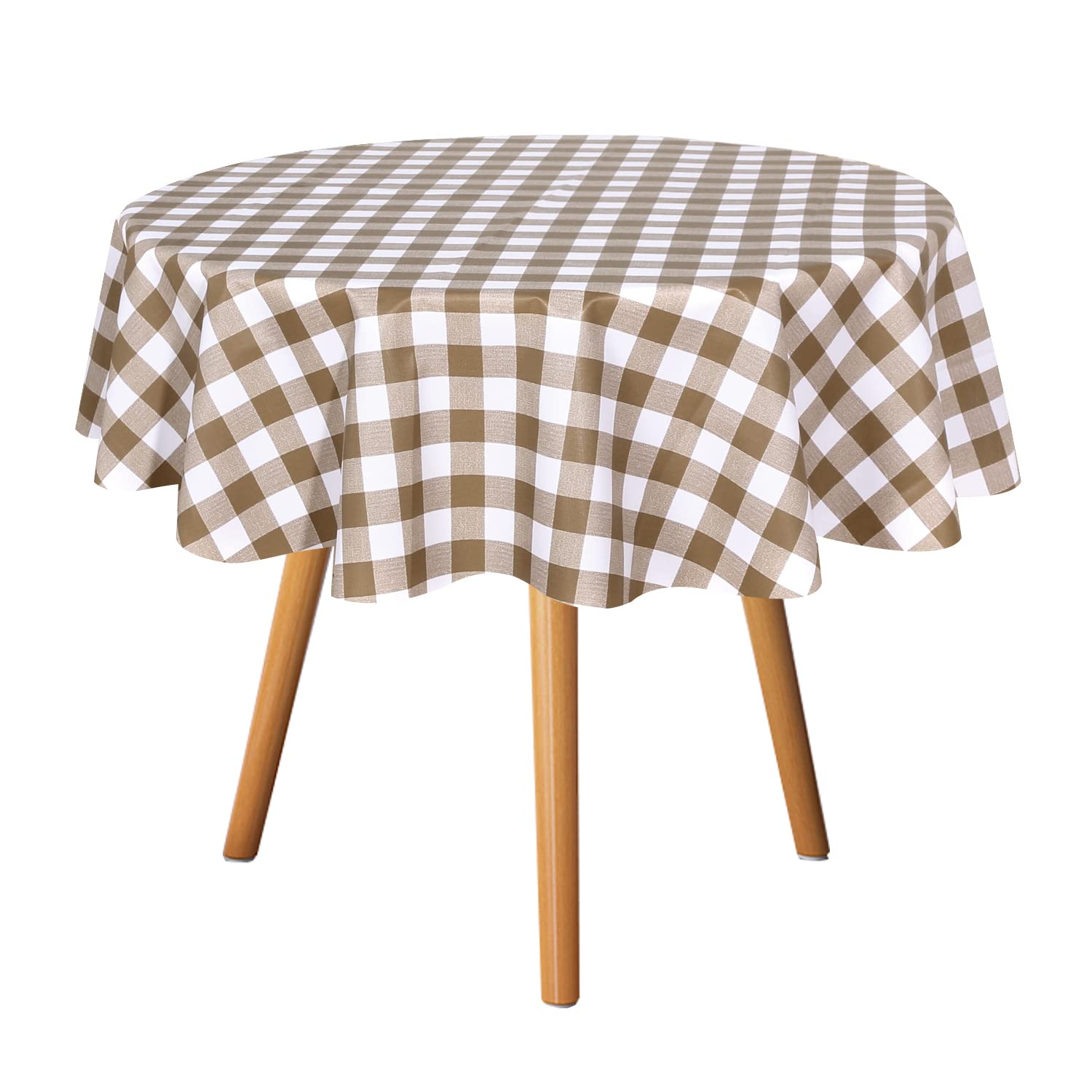 Sancua 60 Inch Checkered Vinyl Round Tablecloth - 100% Waterproof, Oil & Spill Proof PVC Table Cover for Dining, Buffet Parties, Camping - Easy to Wipe Clean (Coffee & White) - Perfect for Indoor Dining, Outdoor Picnics & Party Decorations