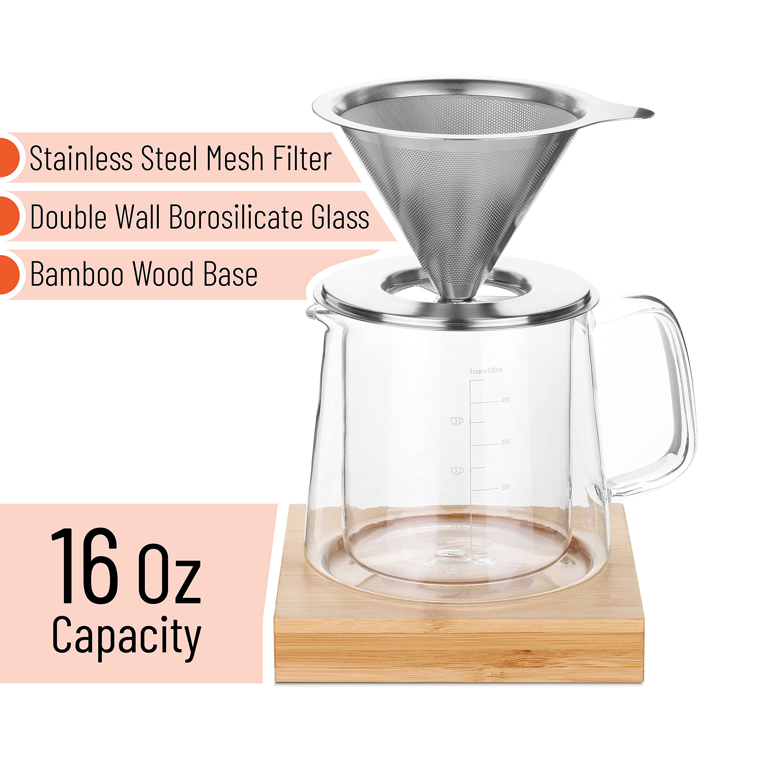 BTaT Pour Over Coffee Maker Set - 16 oz Double Wall Glass Drip Coffee Brewer with Permanent Filter, Manual Coffee Dripper for Home, Office & Camping Use
