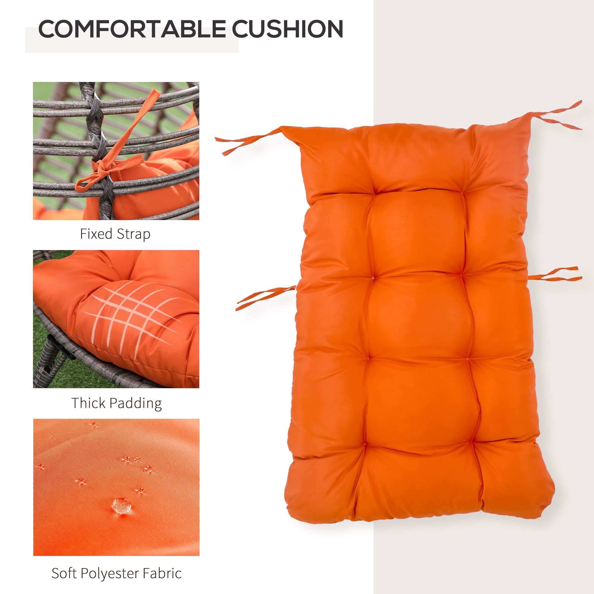 Outsunny Orange PE Wicker Egg Chair with Soft Cushion - Adjustable Height Teardrop Patio Chair for Indoor/Outdoor Use - Perfect for Porch, Garden, and Living Room Relaxation