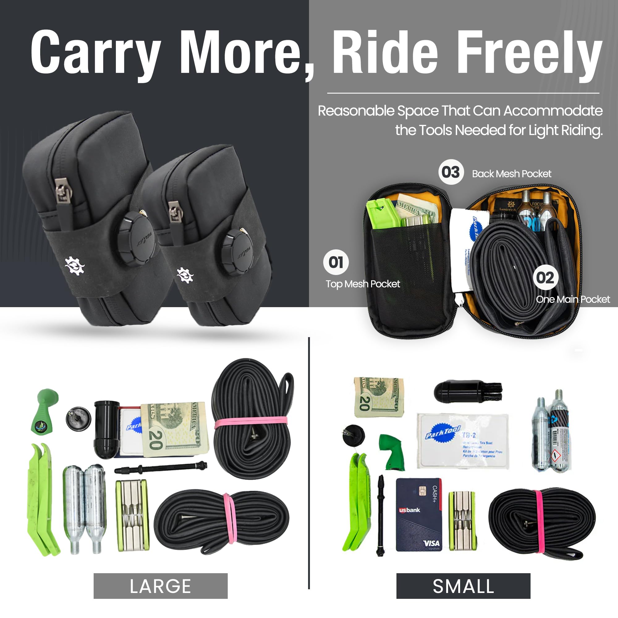 Lumiere & Co. Large Black Bike Seat Bag - Waterproof Cycling Saddle Bag for Road Bikes | Under Seat Storage for Tools, Phone & Essentials | Perfect for Commuting, Mountain Biking & Long-Distance Rides