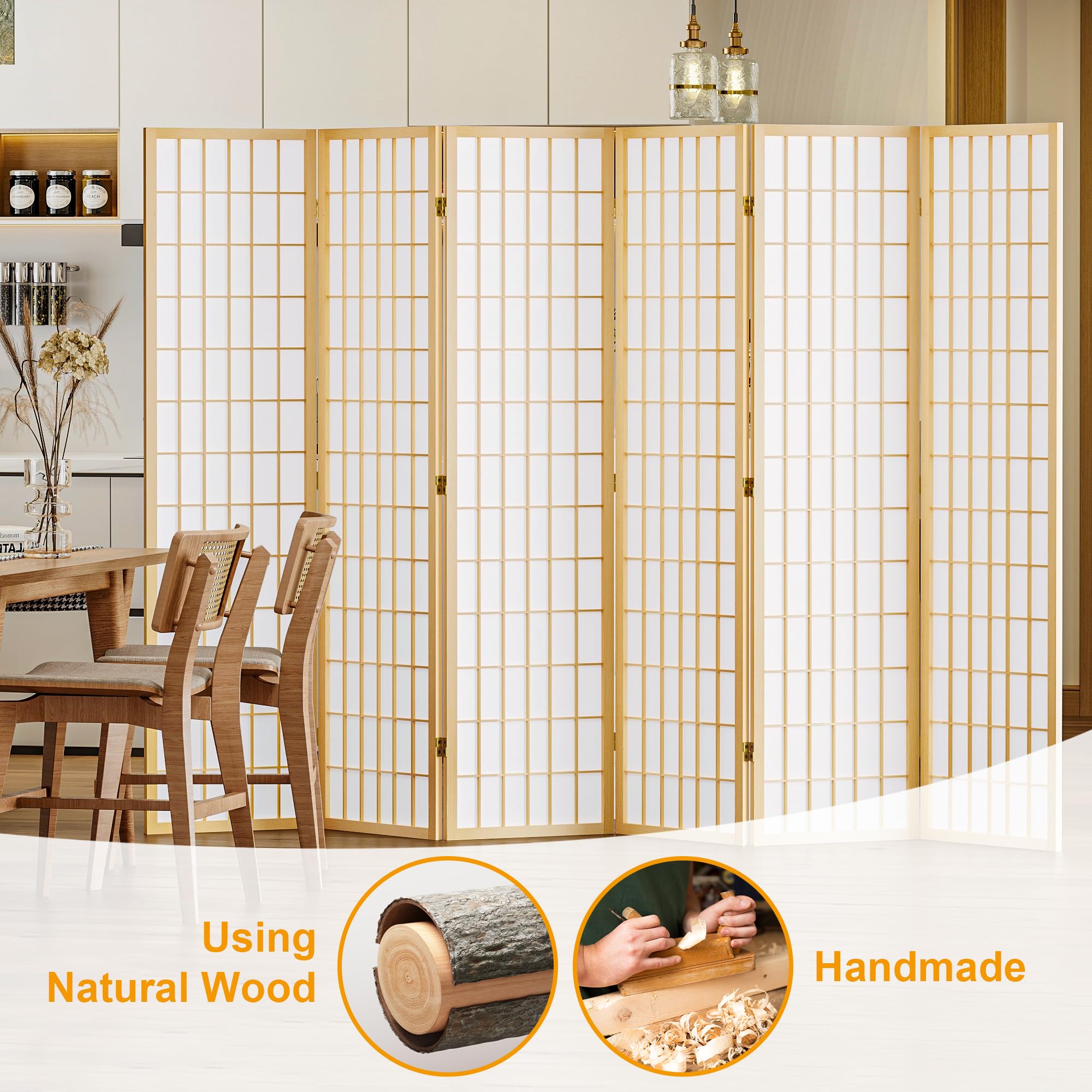 6 Panel Shoji Screen - Japanese Style Folding Room Divider for Privacy - 66.9 Inch Natural Wood Frame - No Assembly Needed - Perfect for Living Room, Bedroom, Office & Meditation Space