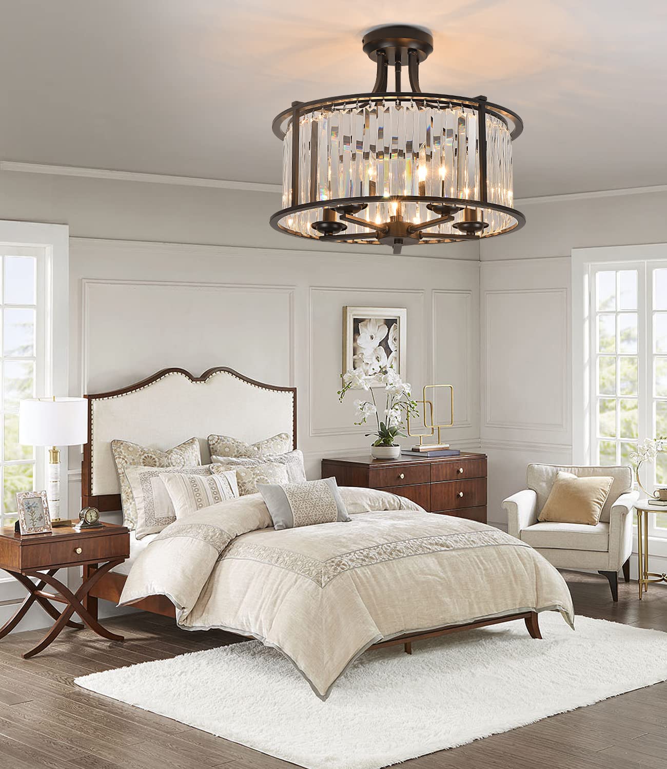 5-Light Black Semi Flush Mount Crystal Chandelier - Modern Metal Ceiling Light Fixture for Living Room, Dining Room, Kitchen, Bedroom, Foyer & Hallway - 19.69