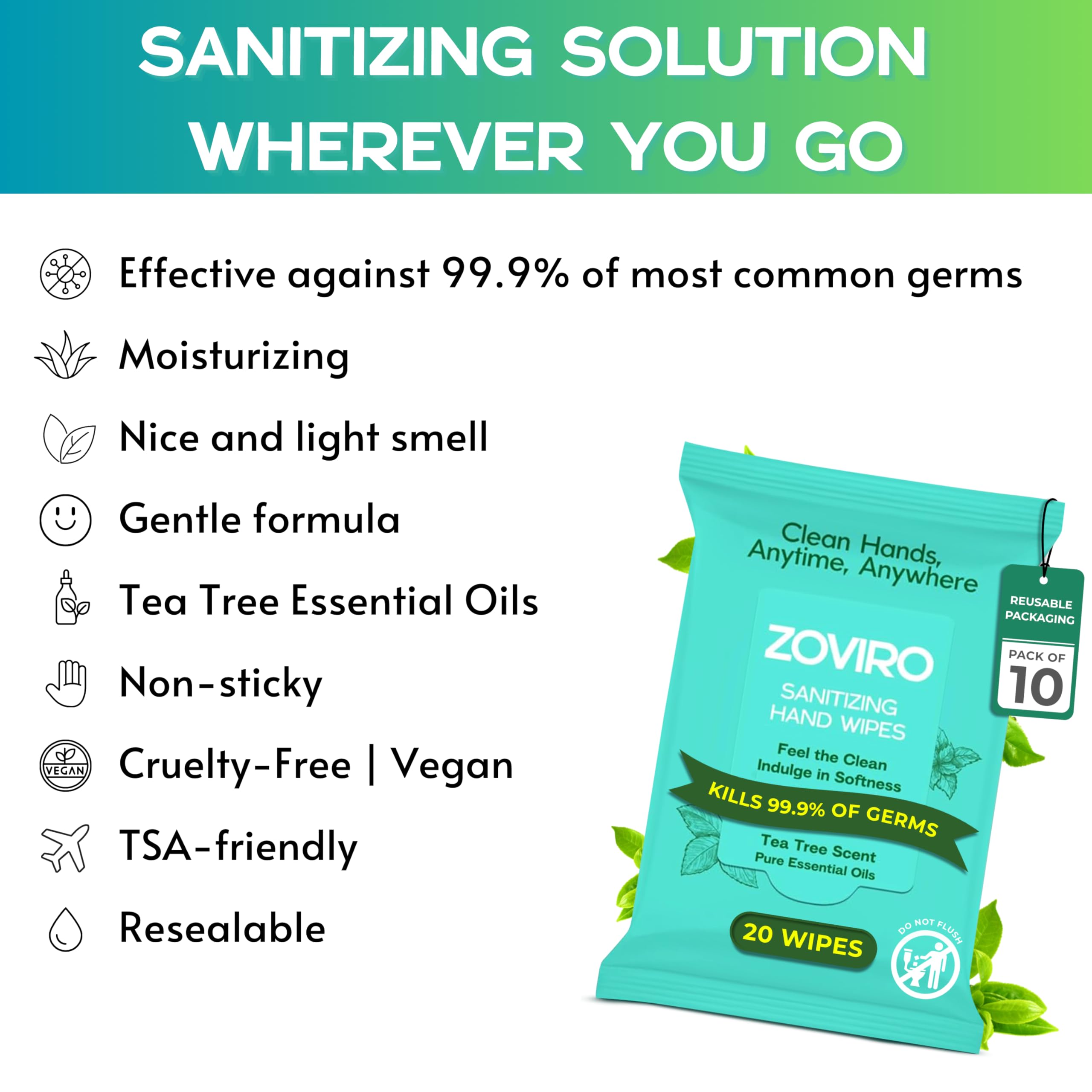 Zoviro Tea Tree Essential Oil Hand Sanitizer Wipes - Travel Size, Moisturizing & Antibacterial - 20 Count (Pack of 10) for On-the-Go Hygiene, Office, Gym, and Travel Use