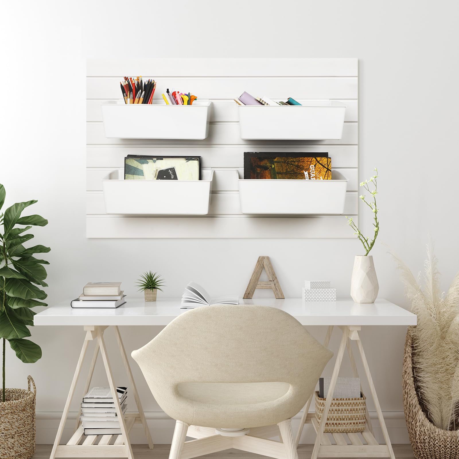 6 Pack Large Slat Wall Bins - PVC Slatwall Containers, Stackable Plastic Storage Bins & Baskets for Garage, Hardware & Tool Organization - 13 x 9.7 x 4.3 Inches (White) - Perfect for Workshop, Retail Display & Home Storage Solutions