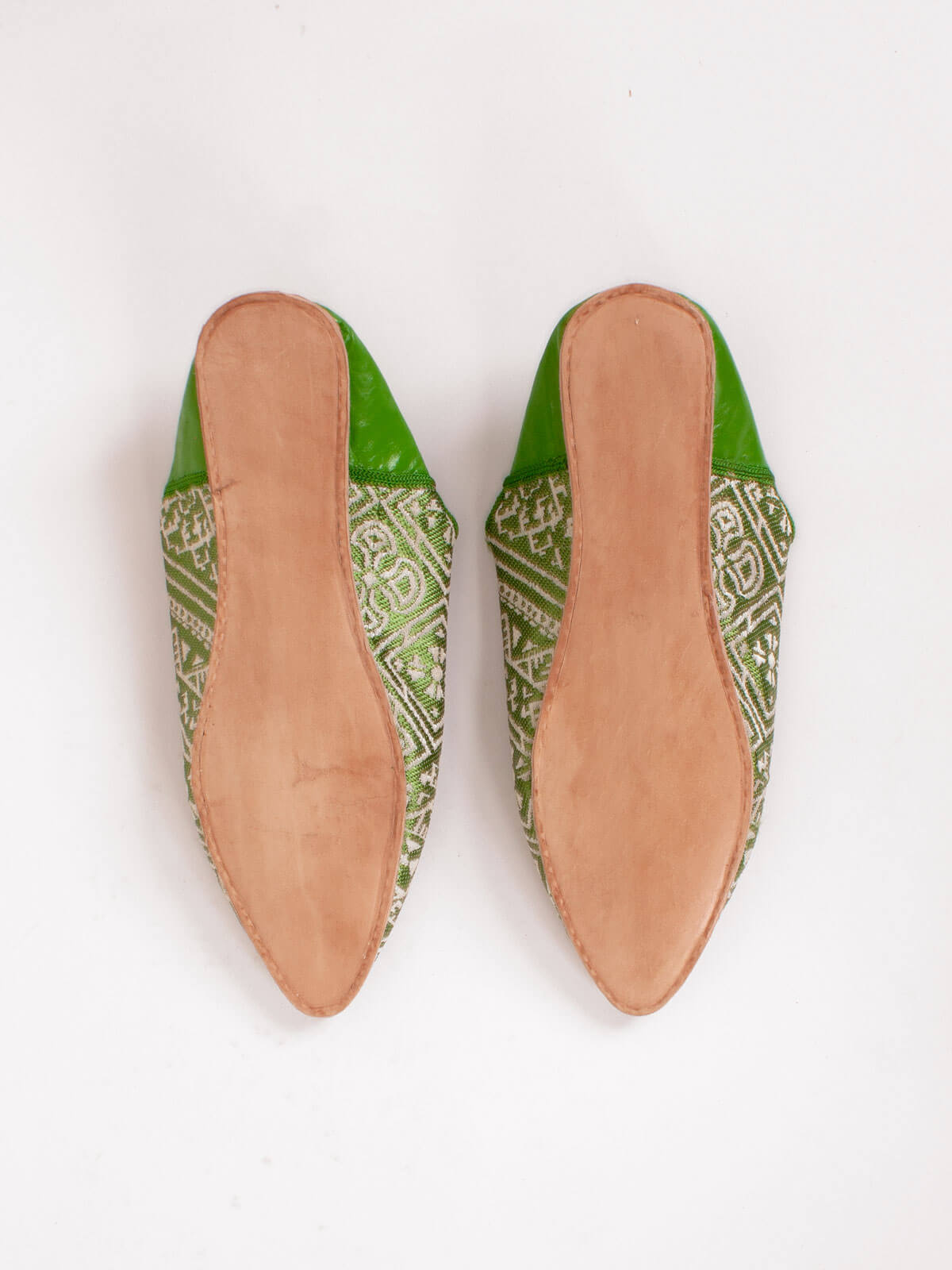 Authentic Moroccan Jacquard Pointed Babouche Slippers - Comfortable Green Leather House Shoes | Perfect for Home, Lounge & Cultural Events