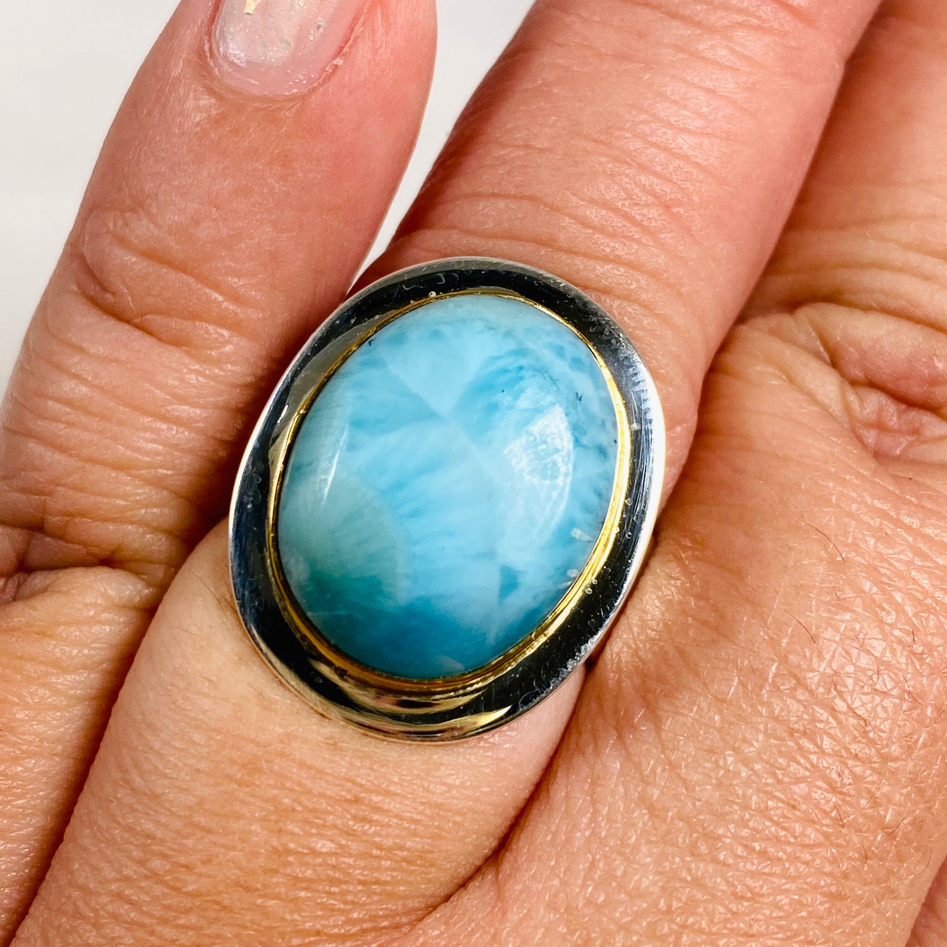 Larimar Oval Ring with Brass Detailing - Size 10 - KRGJ3104 - Perfect for Boho Jewelry Lovers & Beach Wedding Accessories