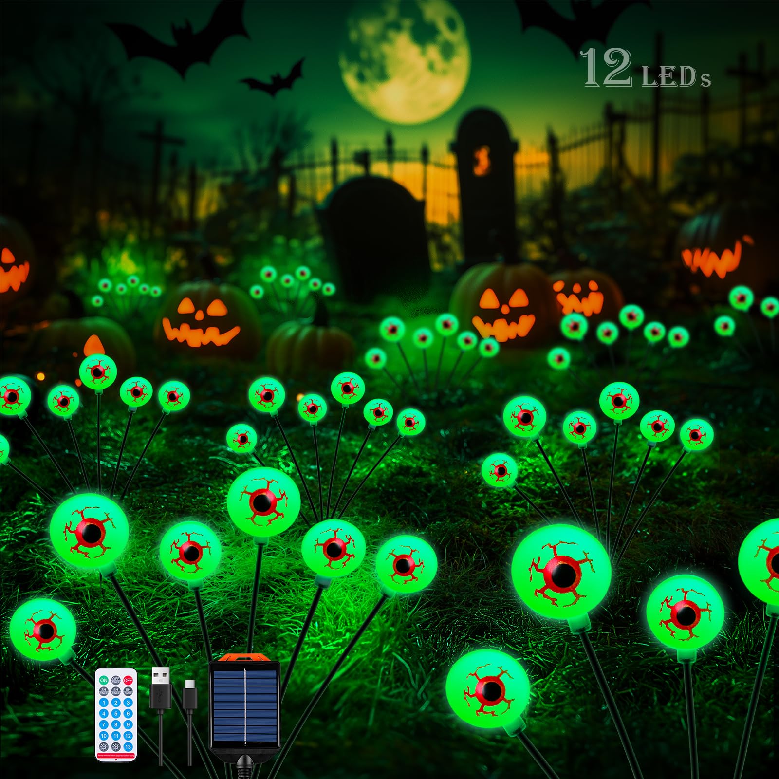 2 Packs 12LED Solar Halloween Decorations - Scary Bleeding Eyeball Swaying Firefly Lights, Waterproof Outdoor Garden Path Lights for Patio, Yard, Pathway, Walkway - Perfect for Halloween Party Decor & Spooky Outdoor Ambiance