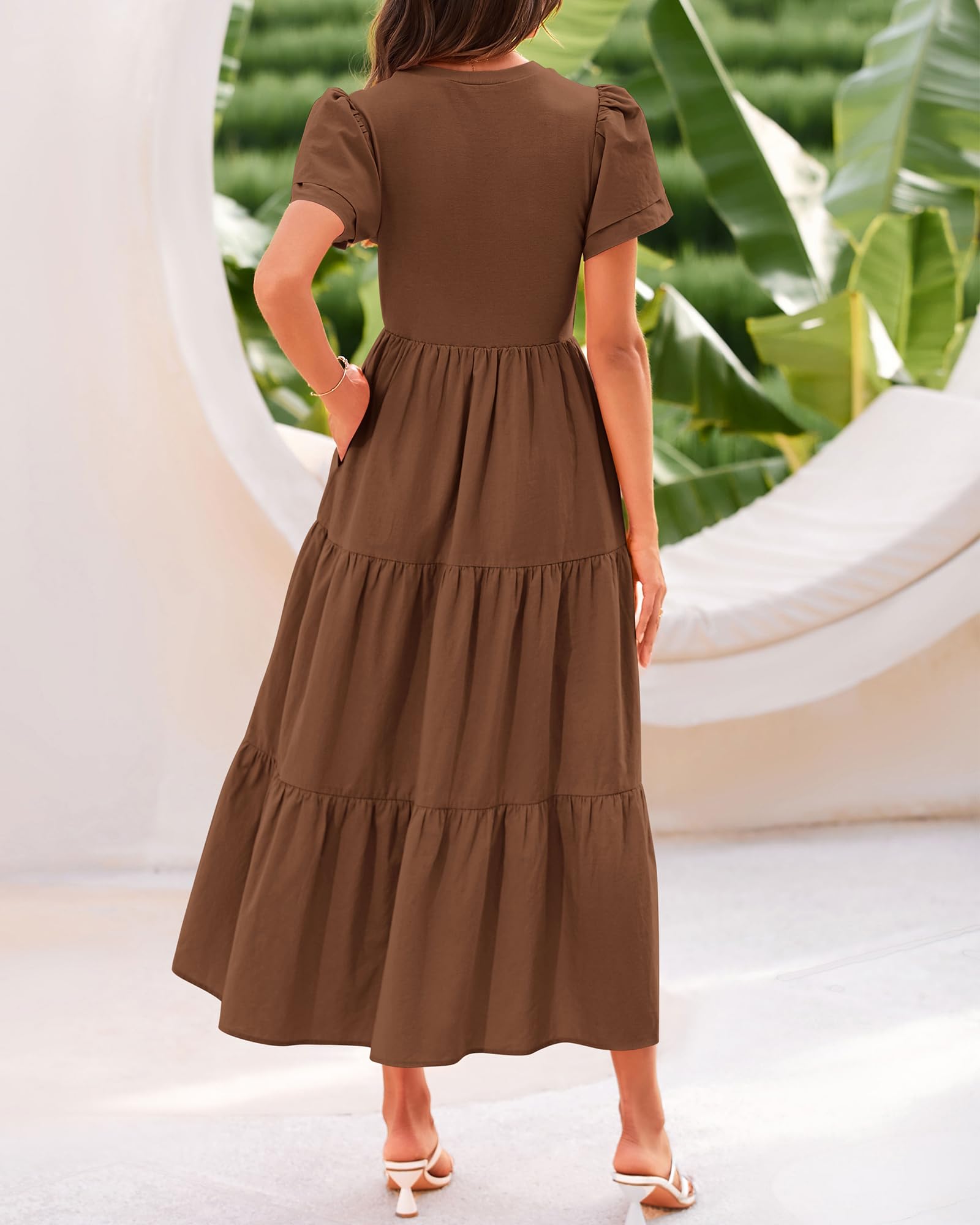 BTFBM Women's Casual Summer Dresses 2025 - Spring Crewneck Short Sleeve Tiered Flowy Boho Maxi Dress with Pockets for Beach Vacation & Outdoor Activities
