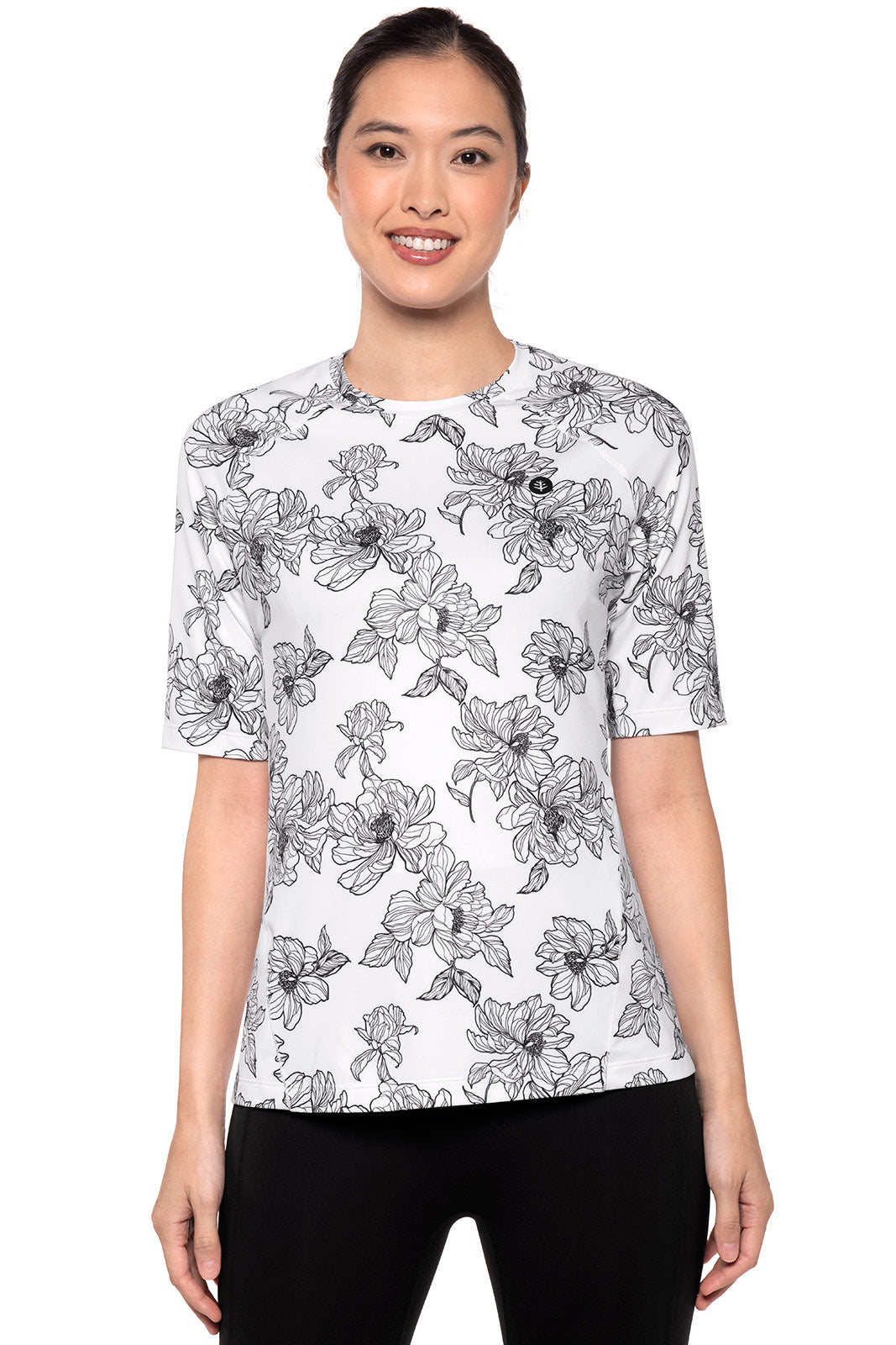 Women's Devi Short Sleeve Workout T-Shirt - Breathable Athletic Top for Yoga, Running & Gym | White/Black Perfect Peony Floral Design | Ideal for Fitness, Casual Wear & Outdoor Activities