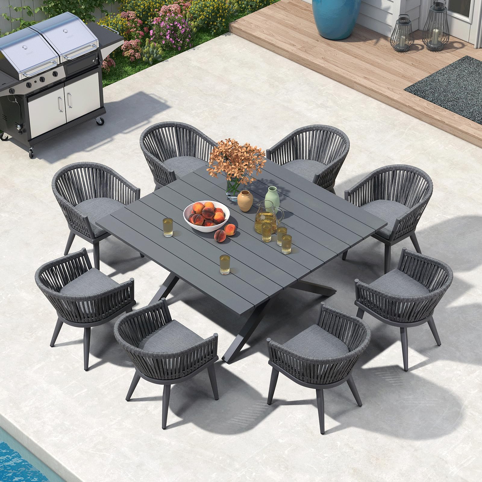 PURPLE LEAF 9-Piece Outdoor Dining Set with Aluminum Square Table & Wicker Rattan Chairs - Modern Patio Furniture with Cushions for Backyard, Garden, Deck or Indoor Kitchen Decor in Gray | Perfect for Outdoor Entertaining and Family Gatherings