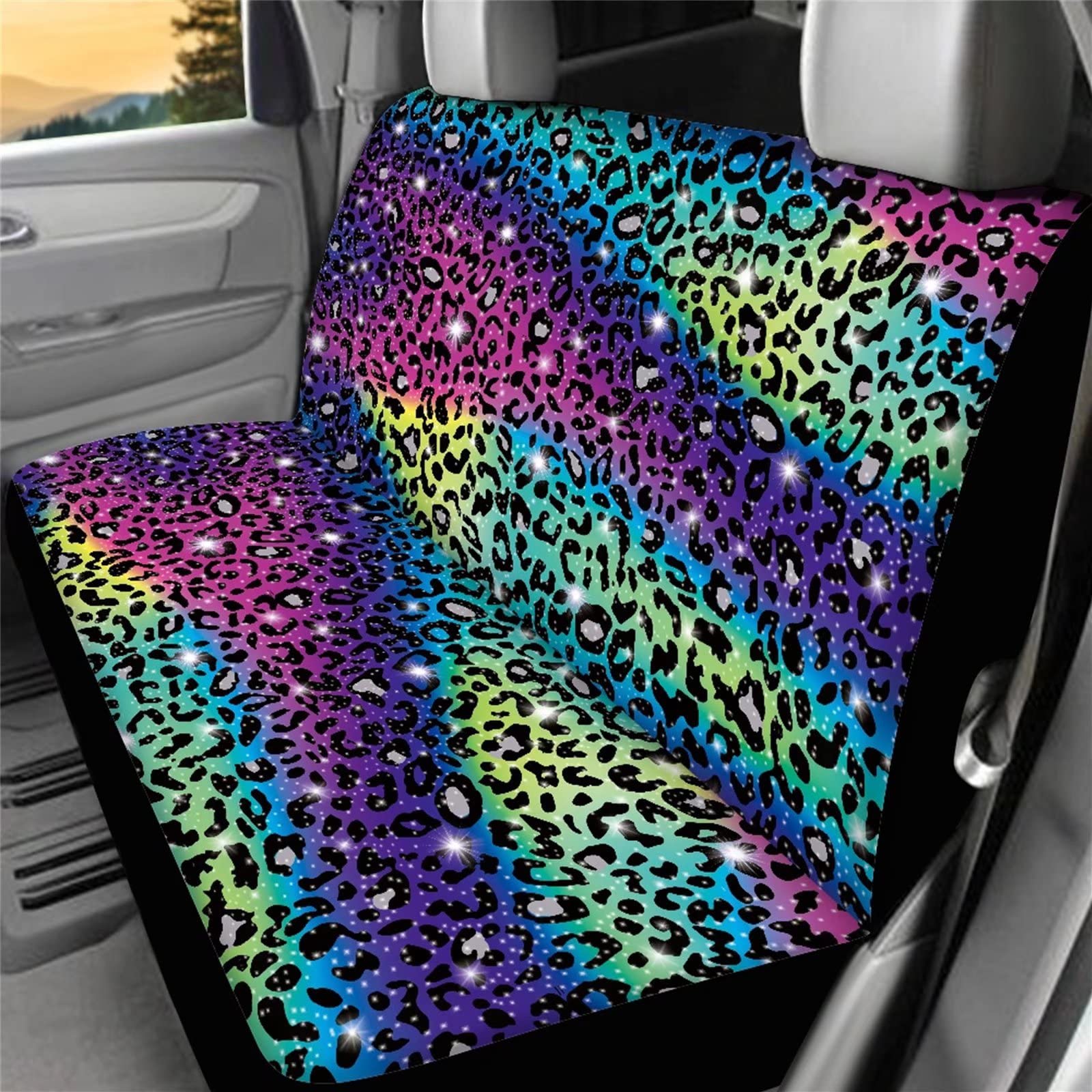 Rainbow Glitter Leopard Print Car Seat Covers Full Set - Universal Fit Front & Rear Split Bench Cheetah Design Car Seat Protectors for Cars, SUVs & Trucks - Stylish Interior Upgrade for Women & Teens