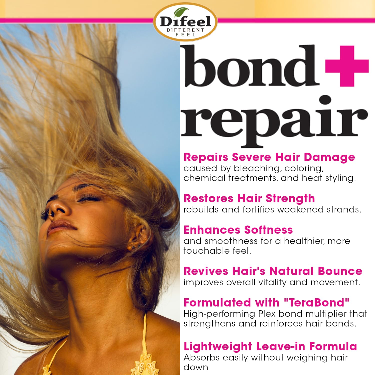Difeel Bond & Repair Leave-In Hair Treatment for Severely Damaged Hair - 2.5 oz Deep Bond Hair Repair Treatment with Bond Rebuilder | For Dry, Brittle, Chemically Treated & Heat Styled Hair