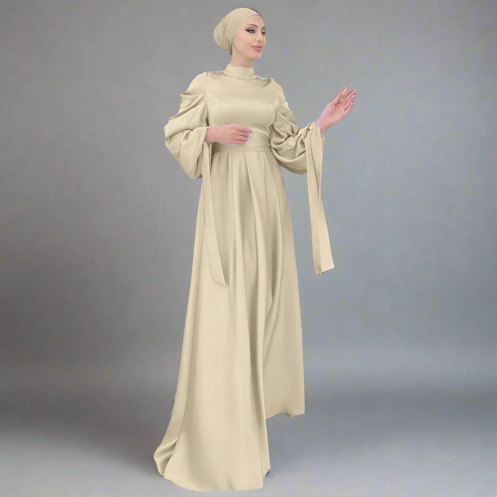 Khaki Plain Satin Abaya Dress for Muslim Women - Sizes M & 2XL - Elegant & Modest Prayer Dress for Mosque, Eid, and Special Occasions