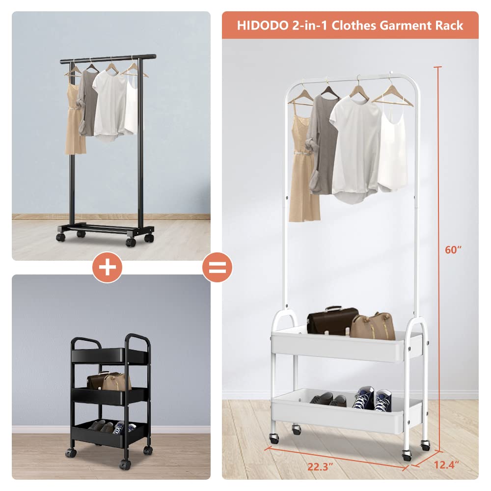 White Portable Clothing Rack - 2-in-1 Rolling Garment Organizer with Metal Baskets & Hanging Rack | Mobile Laundry Cart & Small Wardrobe on Wheels for Bedroom, Closet & Dorm Organization | Space-Saving Storage Solution for Clothes, Shoes & Accessories