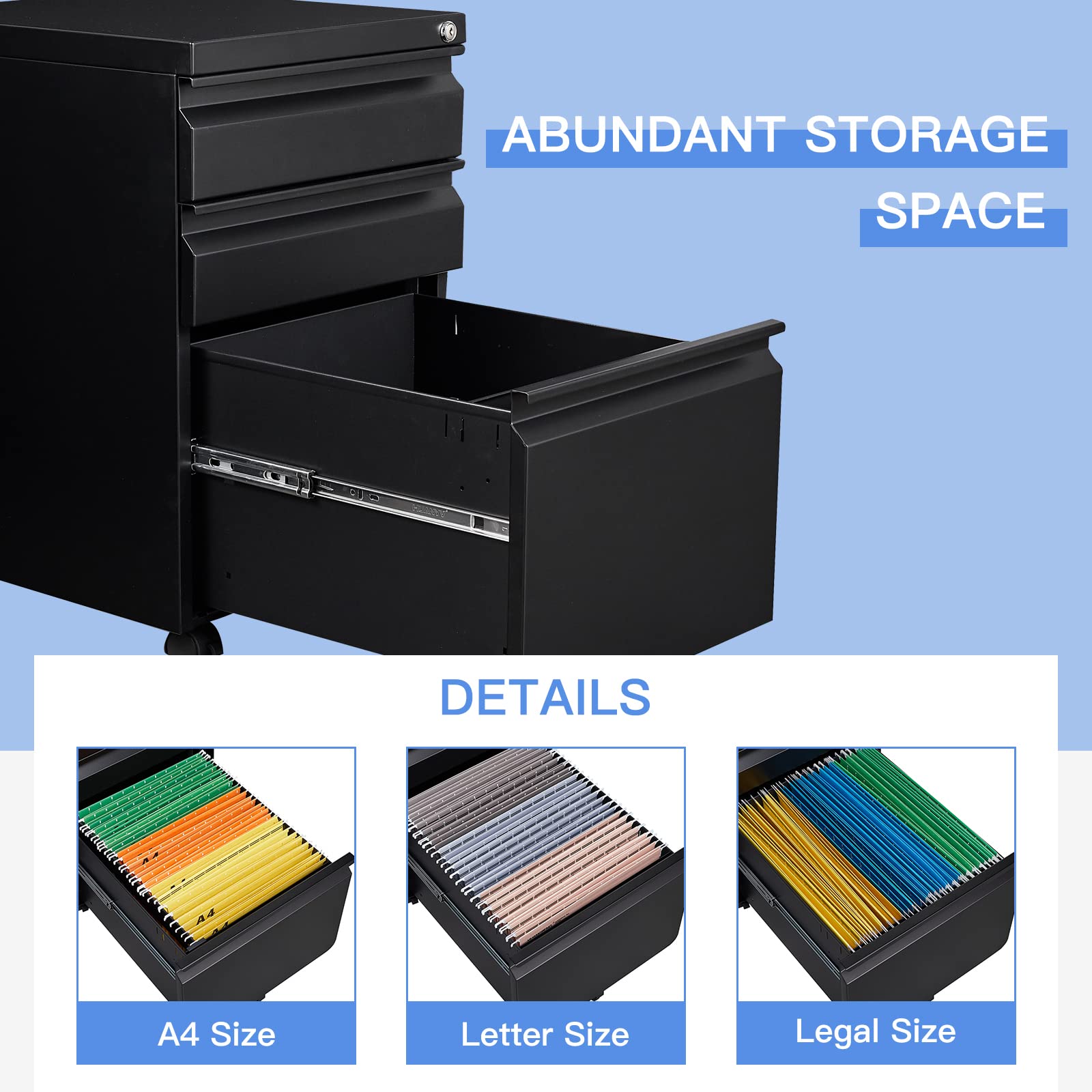 Yizosh 3-Drawer Locking Mobile File Cabinet - Black Under Desk Rolling Storage Organizer for Legal/Letter/A4 Files - Heavy Duty Metal File Cabinet with Wheels (Fully Assembled) - Perfect for Office, Home, or Classroom Organization