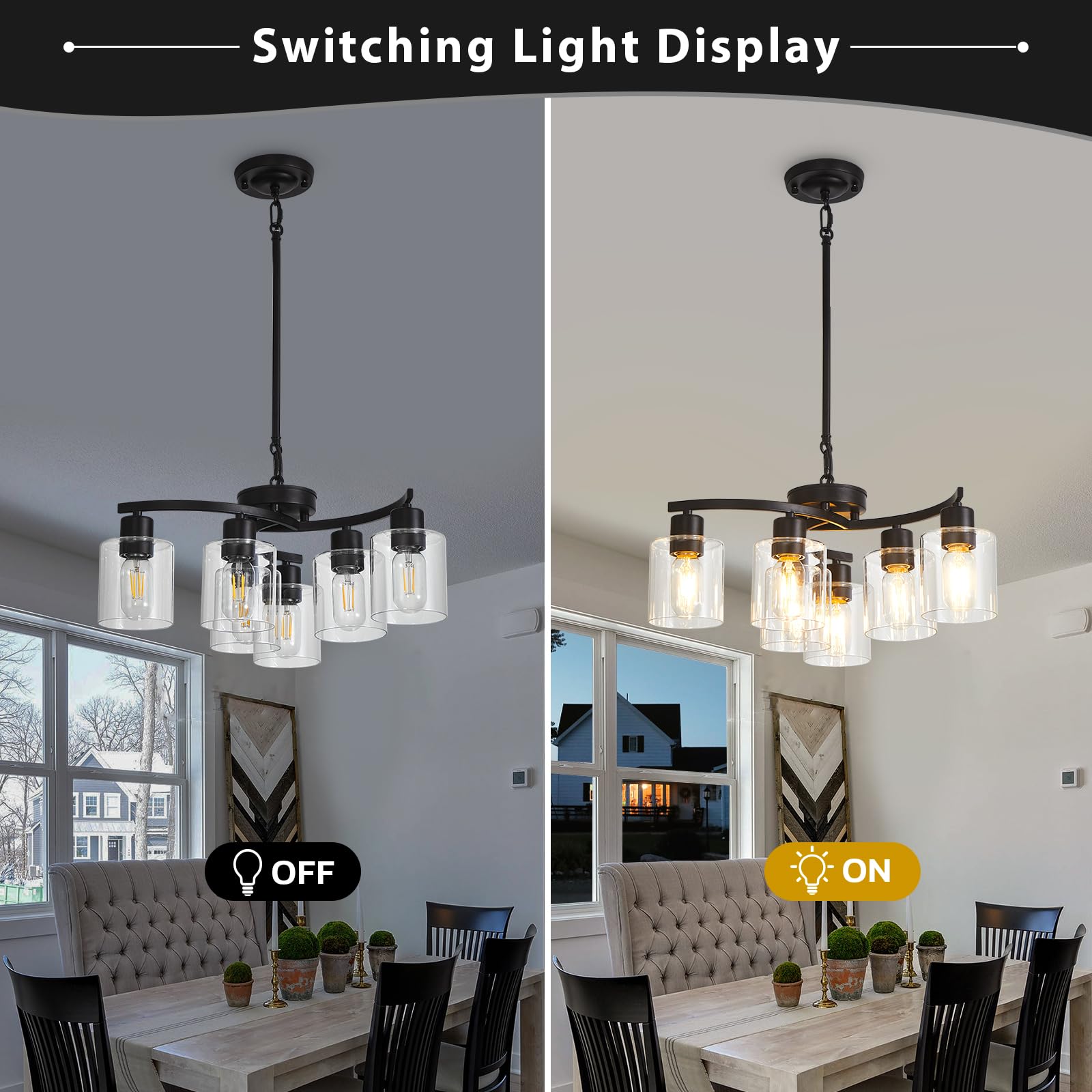 6-Light Modern Farmhouse Chandelier - Black Industrial Pendant Ceiling Light with Clear Glass Shade - Contemporary Hanging Lighting Fixture for Dining Room, Living Room, Kitchen Island & Entryway