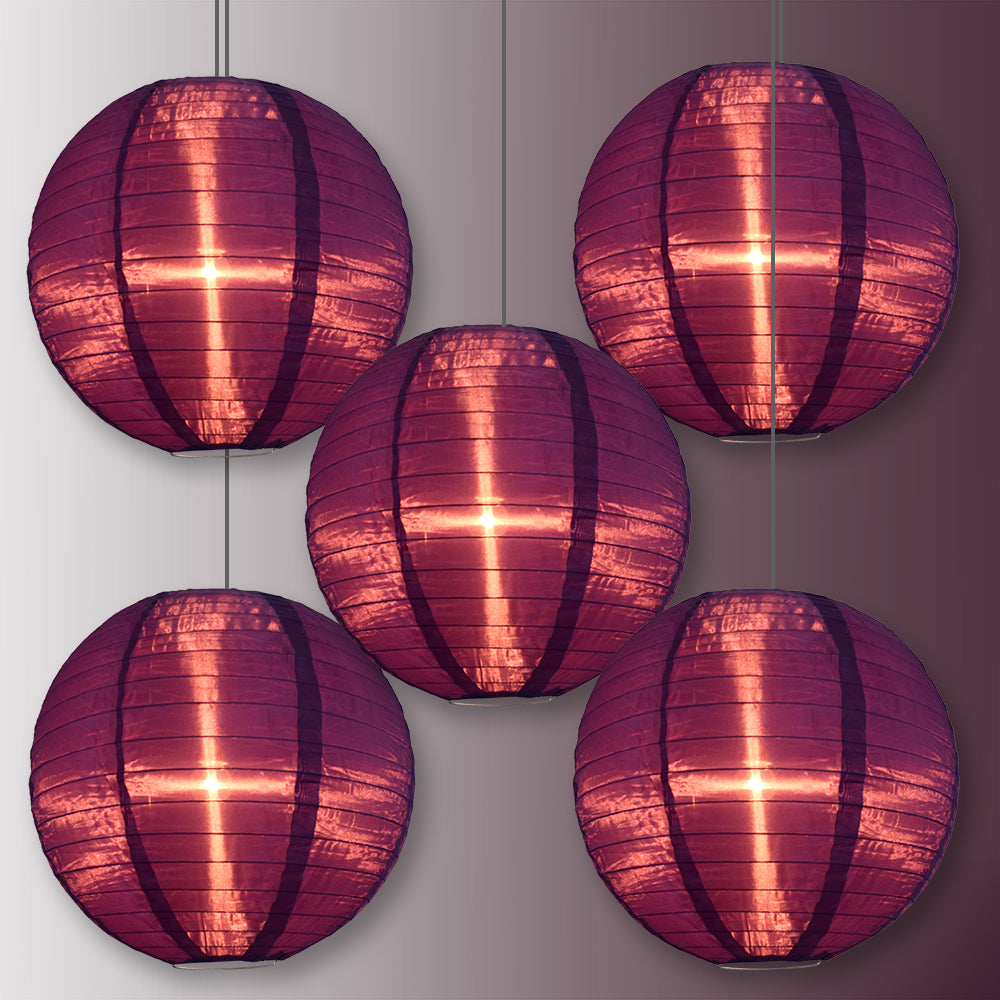 5 Pack Dark Purple Shimmering Nylon Lanterns - Even Ribbing, Durable Hanging Decorations for Parties, Weddings & Outdoor Events