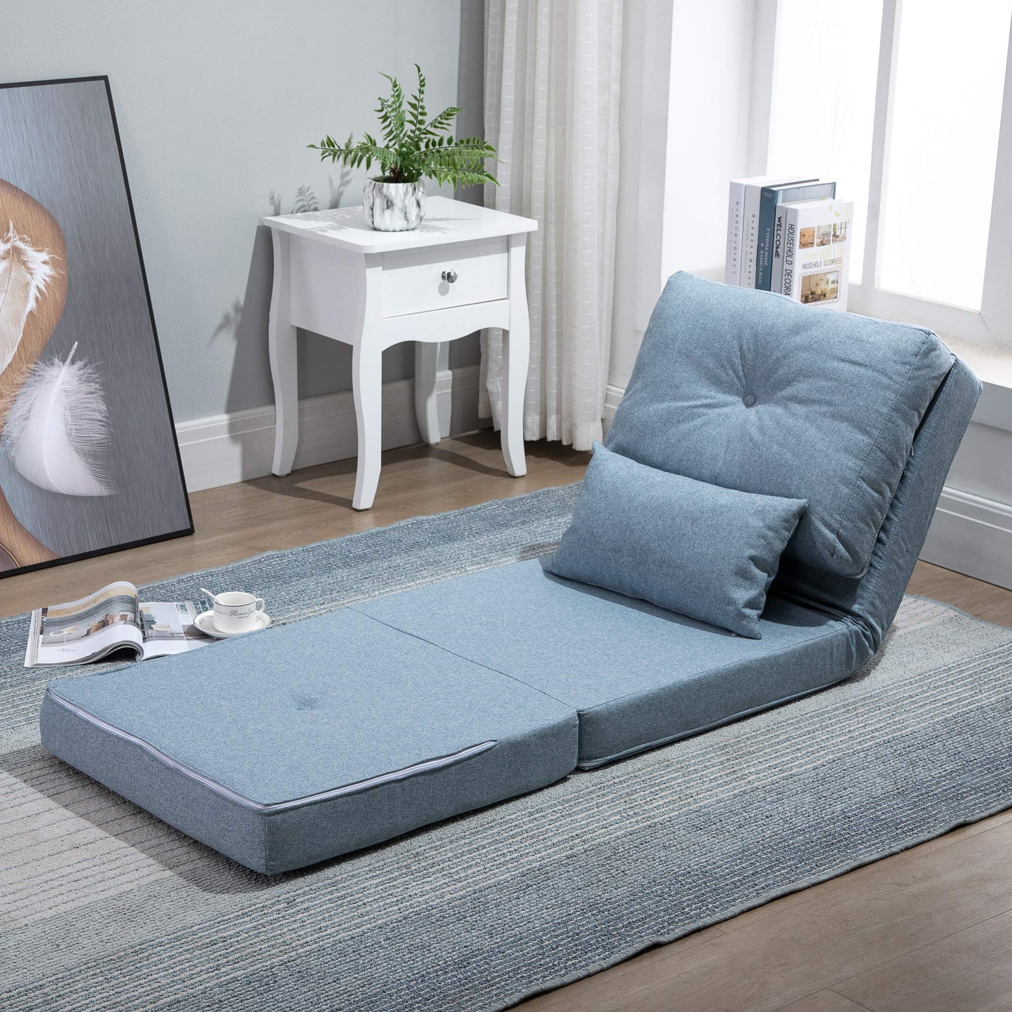 HOMCOM Convertible Flip Chair to Sofa Bed, Adjustable Backrest Folding Floor Lazy Couch with Metal Frame & Pillows - Blue Upholstered Furniture for Living Room, Bedroom, Small Space | Perfect for Lounging, Napping & Guest Sleeping