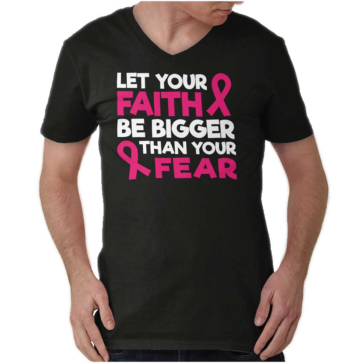 Breast Cancer Awareness 'Faith Bigger Than Fear' V-Neck T-Shirt for Men & Women - Inspirational Support Tee for Survivors, Fighters & Supporters